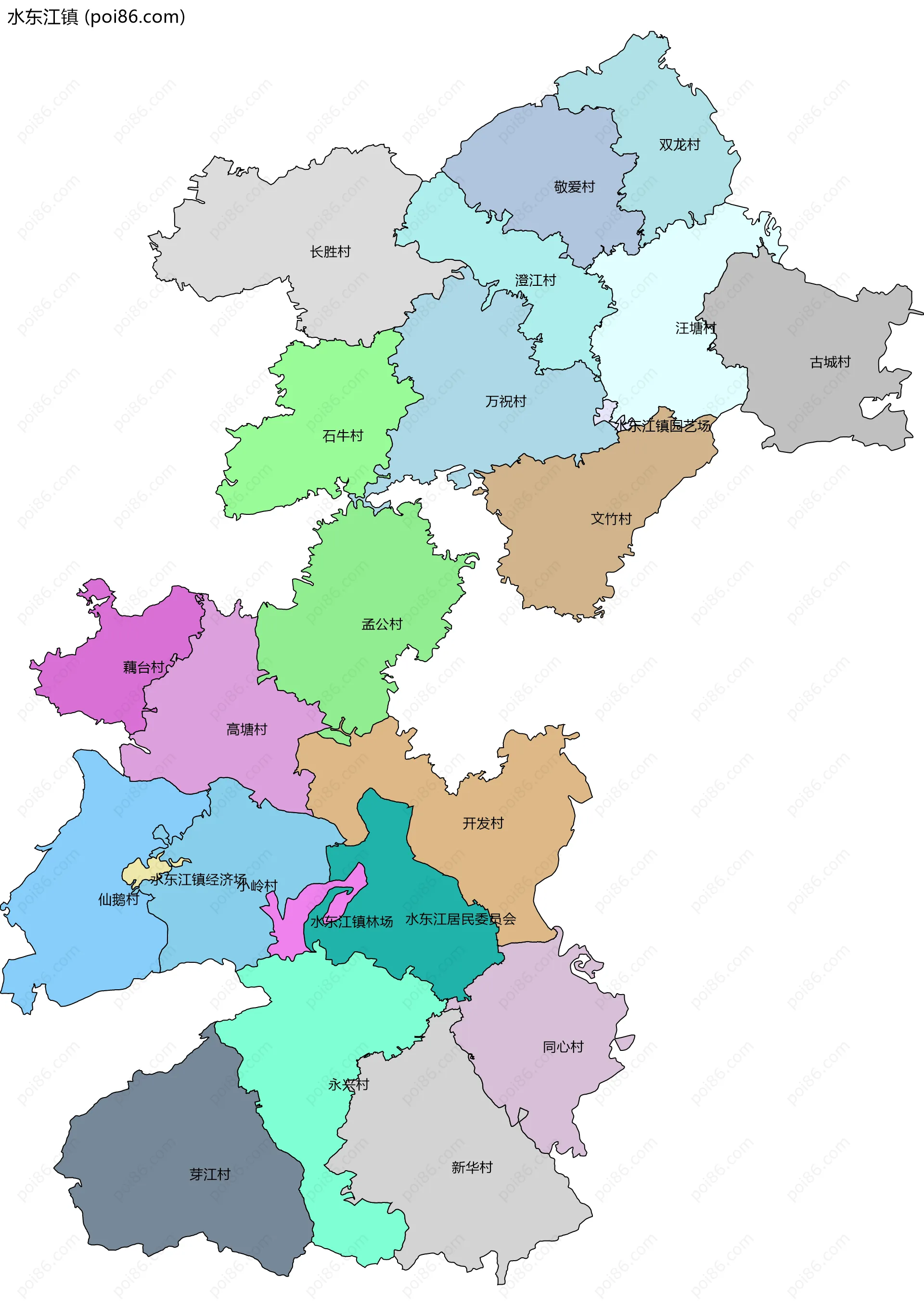 水东江镇边界地图(五级行政区划)