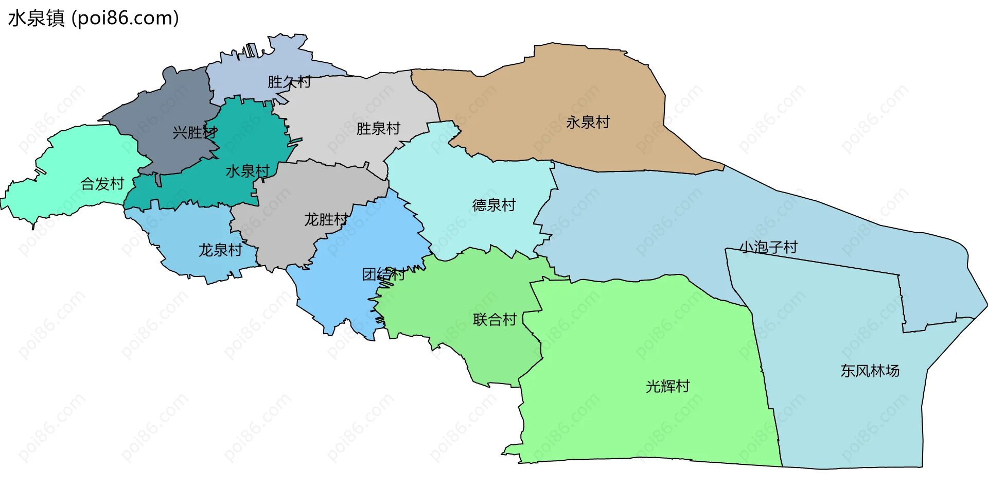 水泉镇边界地图(五级行政区划)