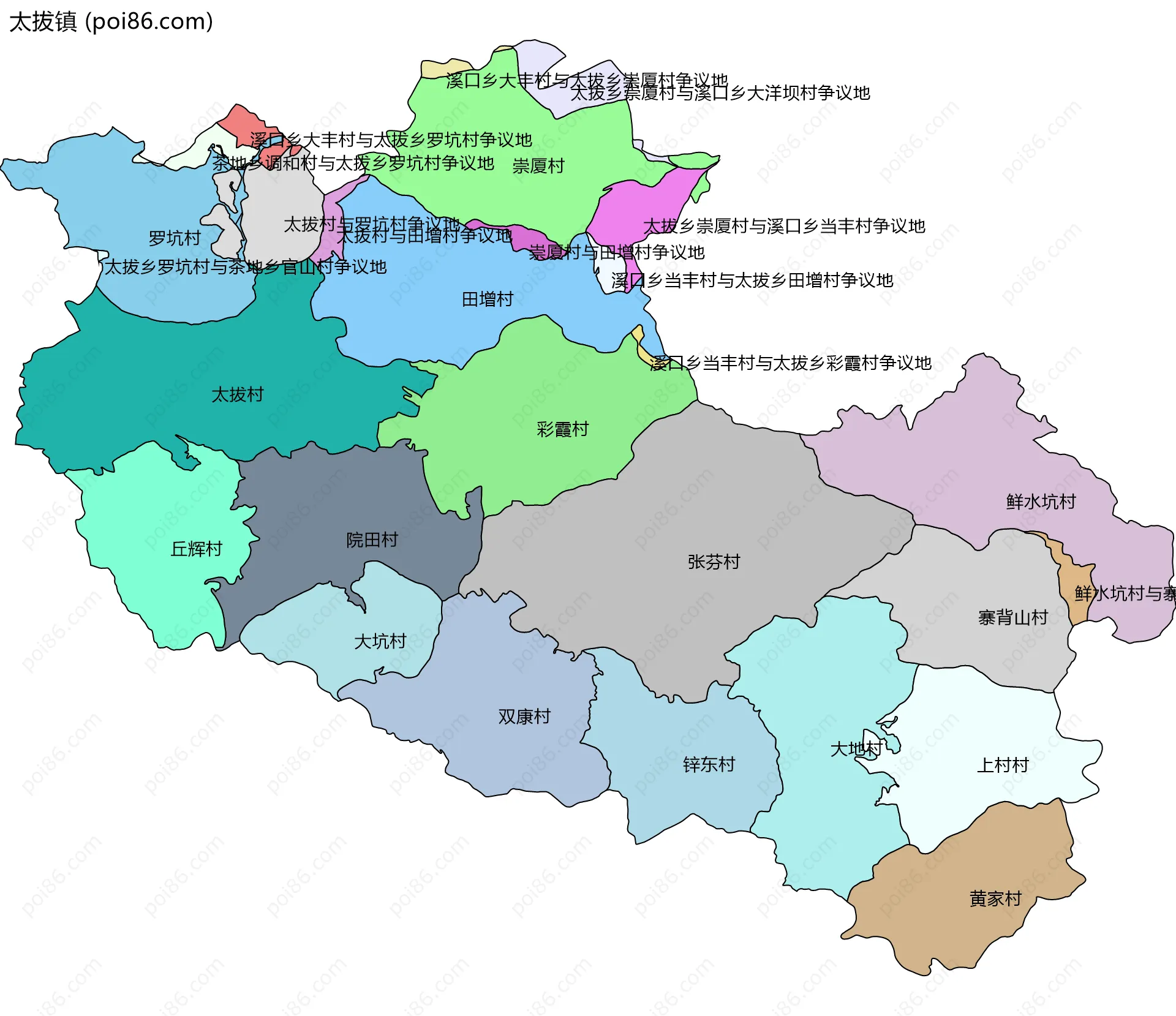 太拔镇边界地图(五级行政区划)