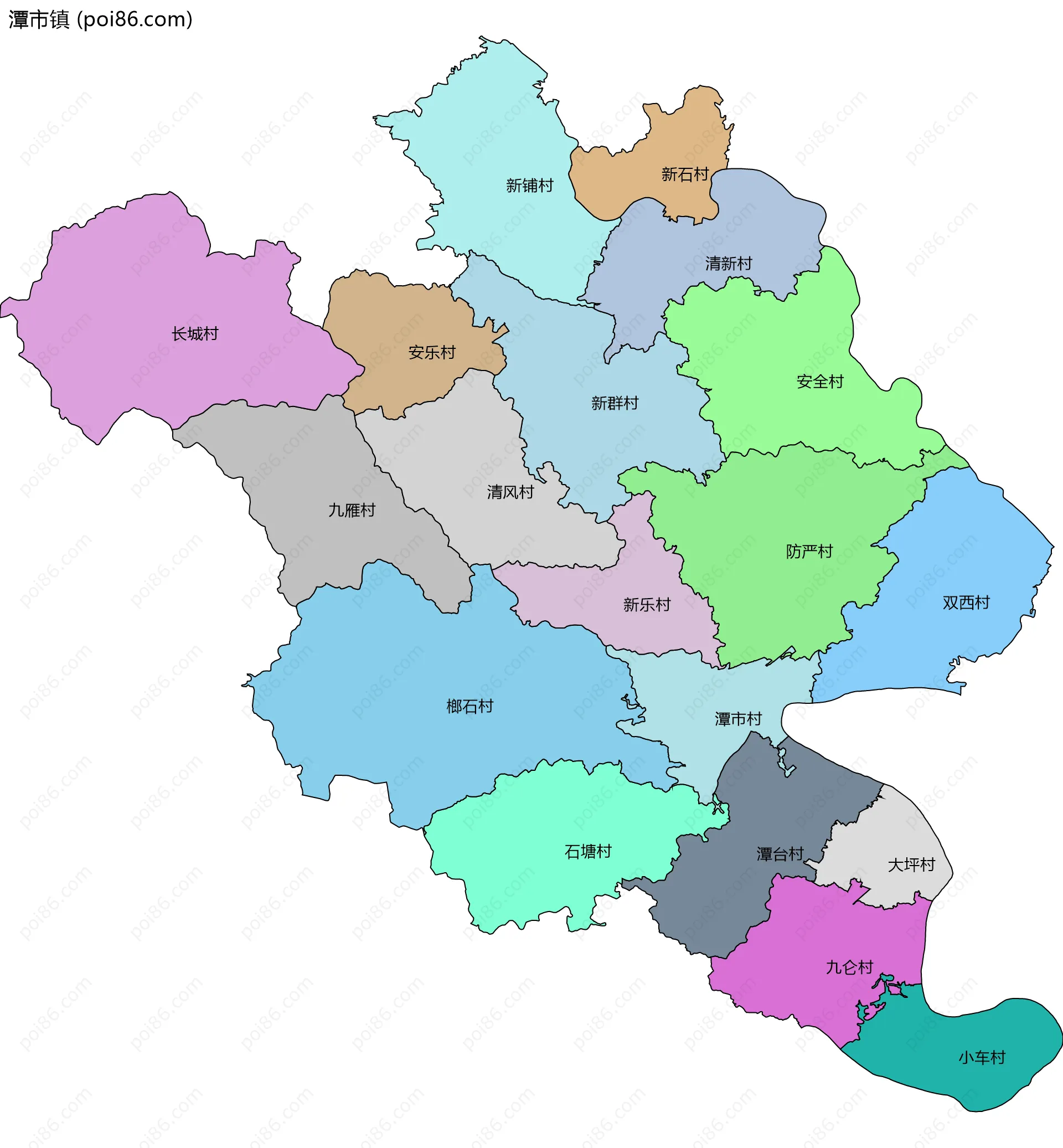 潭市镇边界地图(五级行政区划)