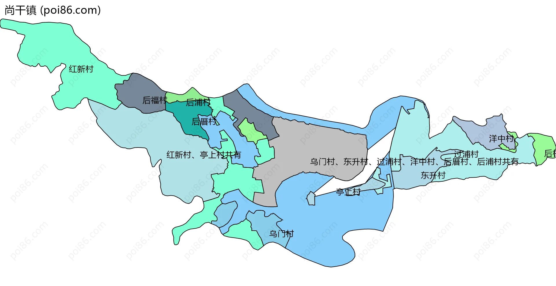 尚干镇边界地图(五级行政区划)