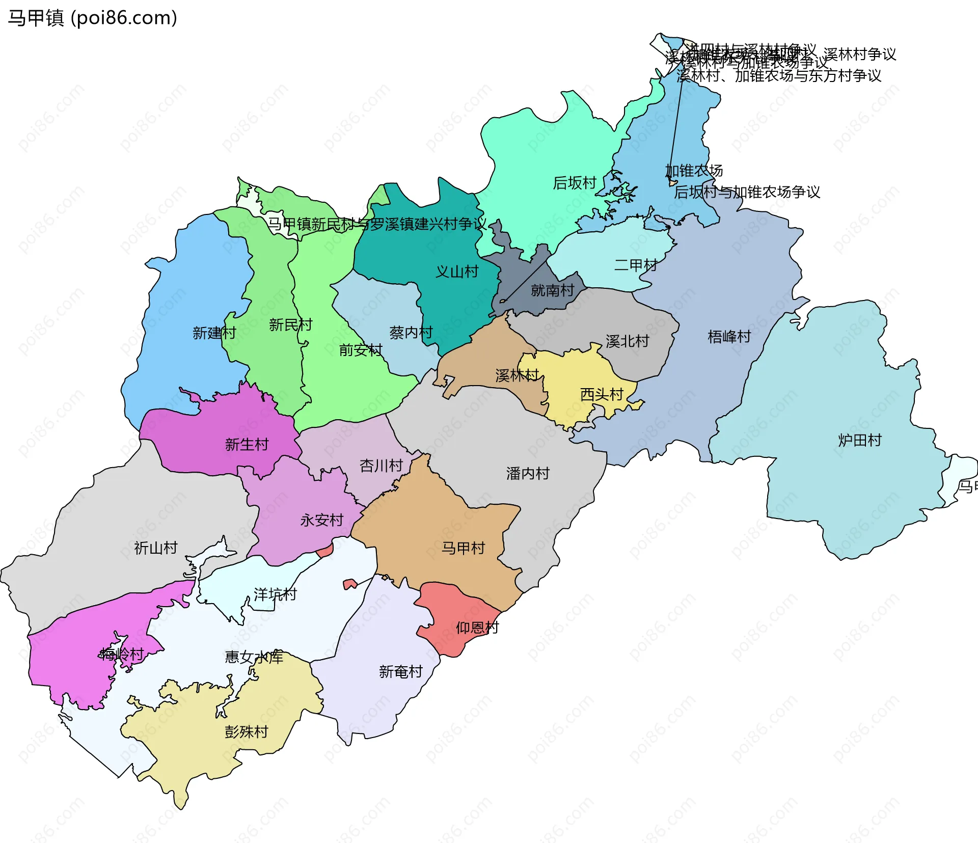 马甲镇边界地图(五级行政区划)