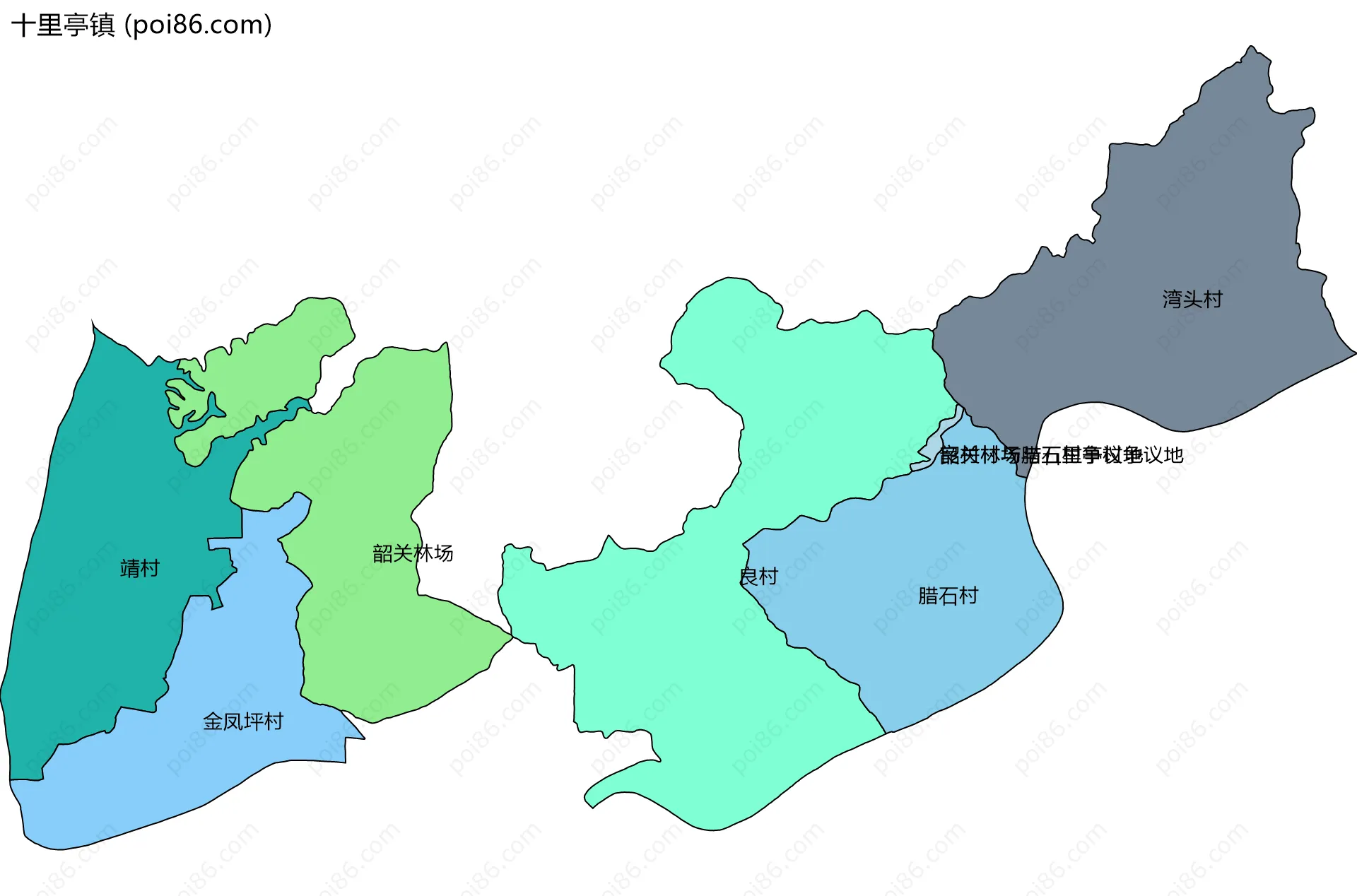 十里亭镇边界地图(五级行政区划)