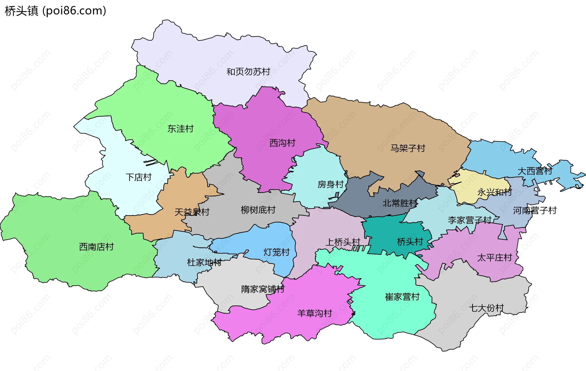 桥头镇边界地图(五级行政区划)