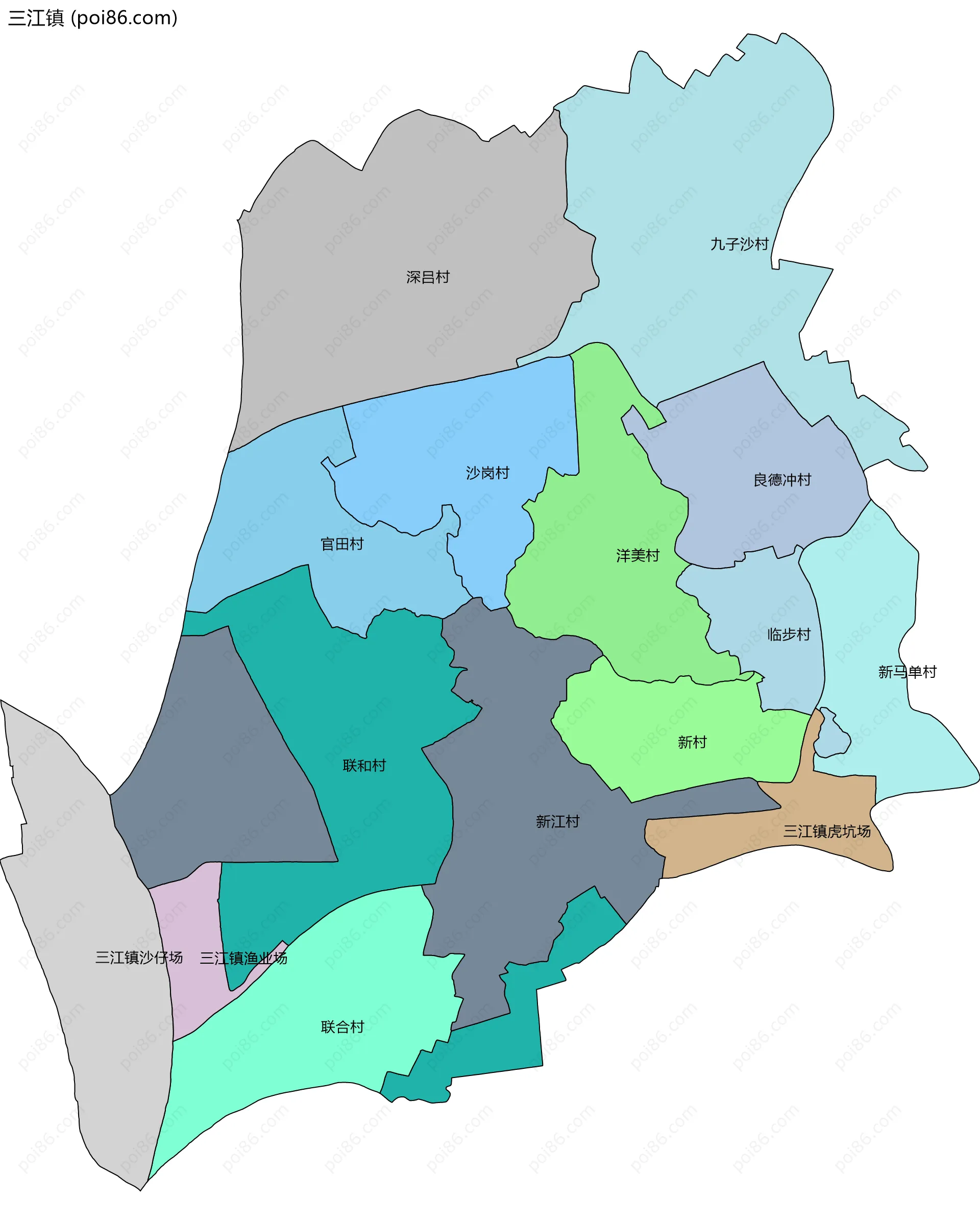 三江镇边界地图(五级行政区划)