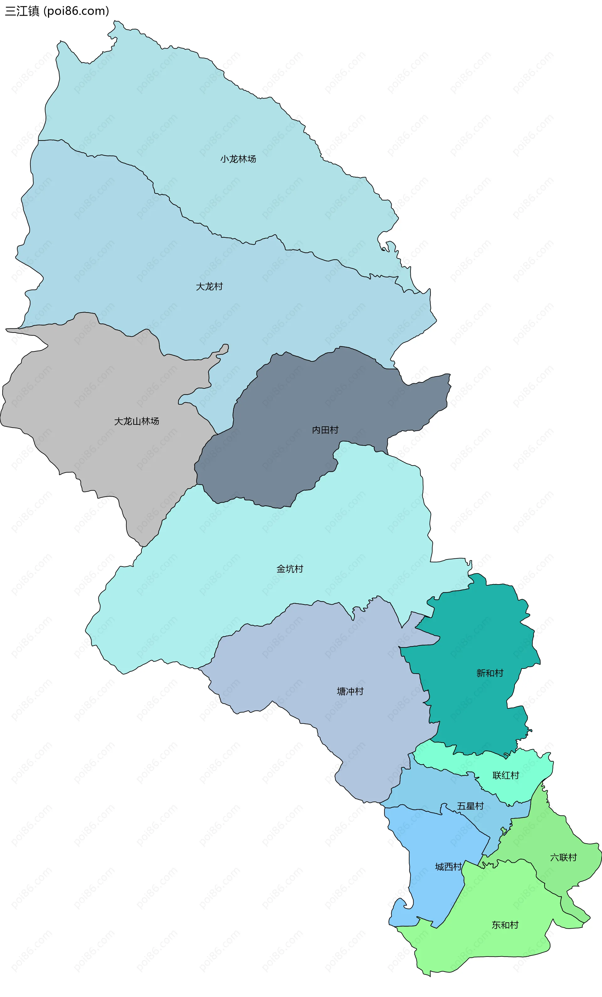 三江镇边界地图(五级行政区划)