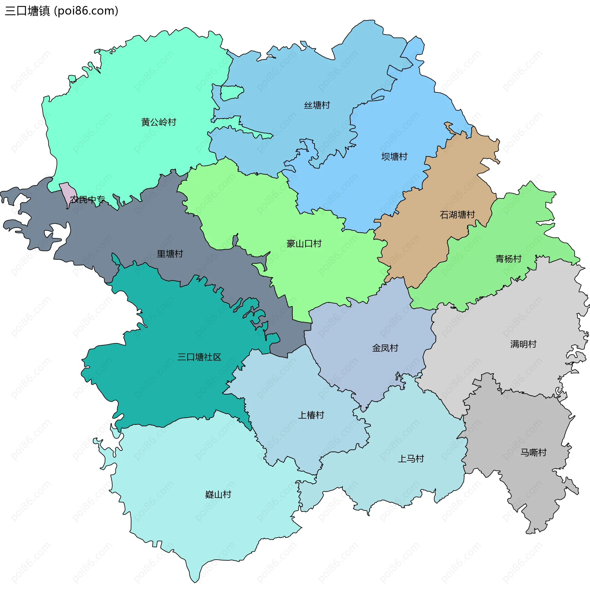 三口塘镇边界地图(五级行政区划)