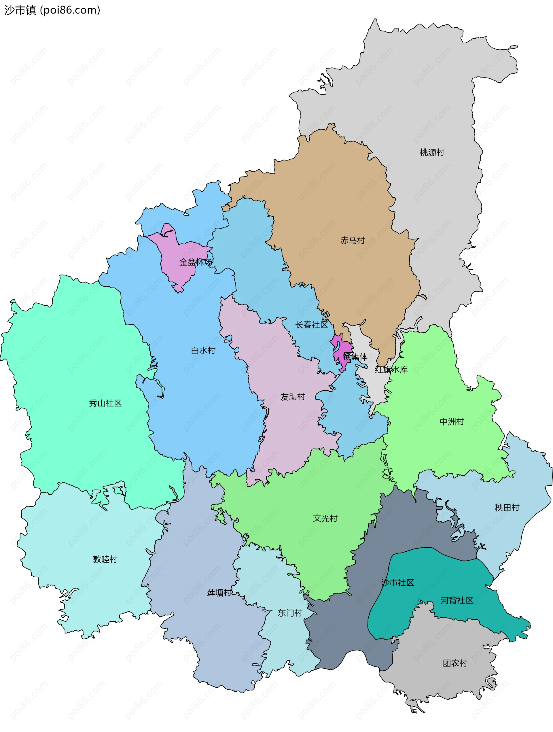 沙市镇边界地图(五级行政区划)