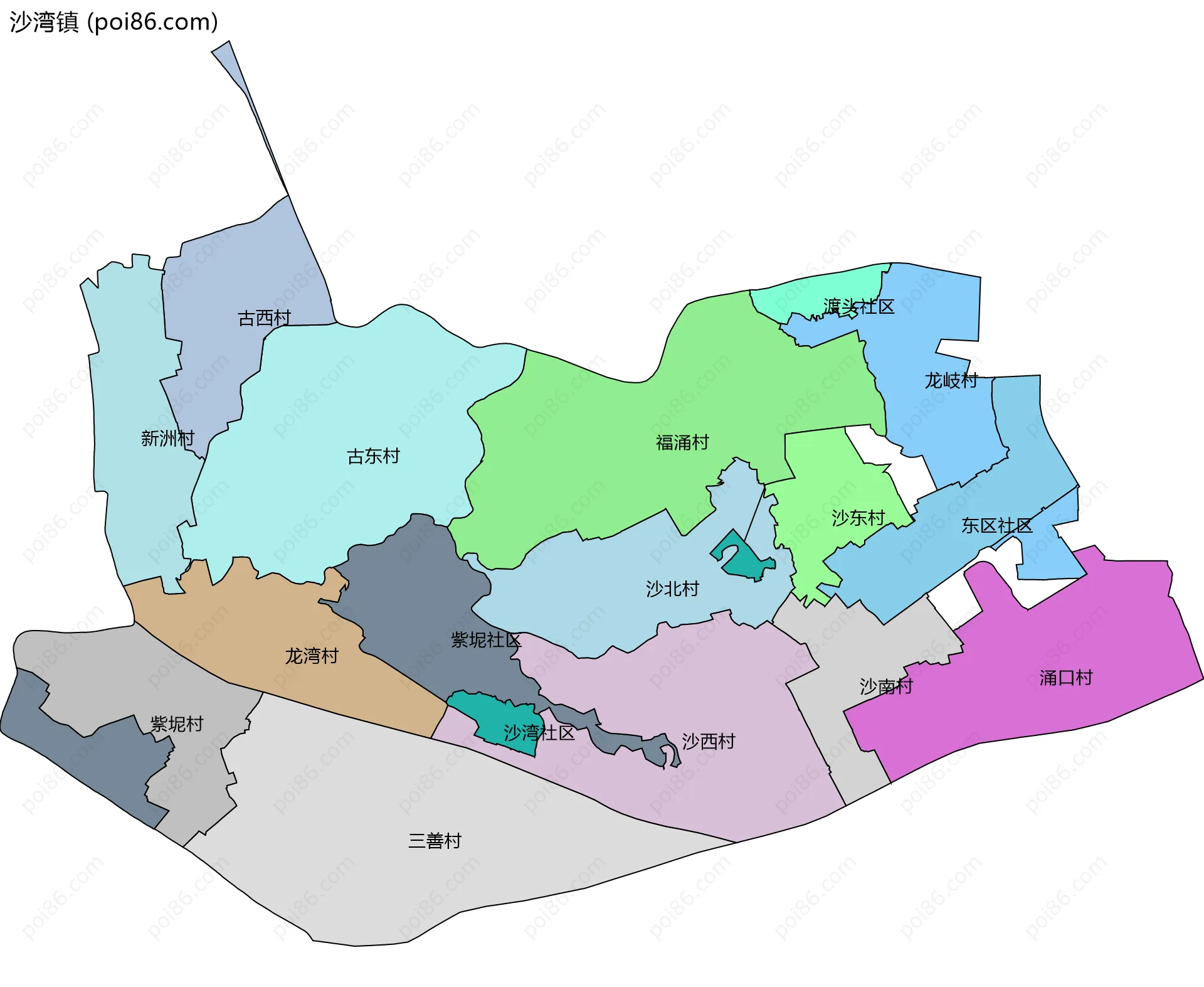 沙湾镇边界地图(五级行政区划)
