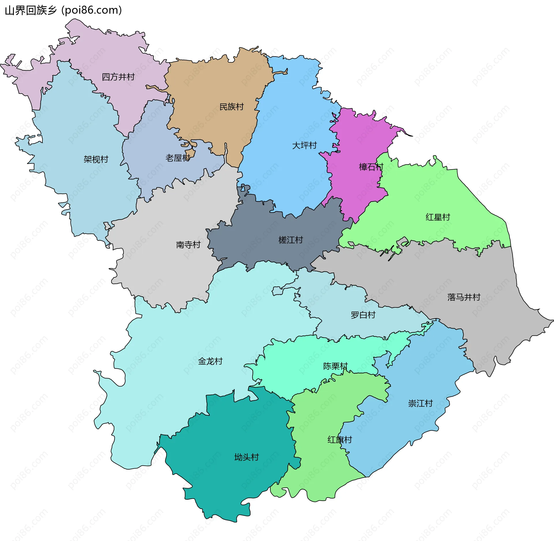 山界回族乡边界地图(五级行政区划)