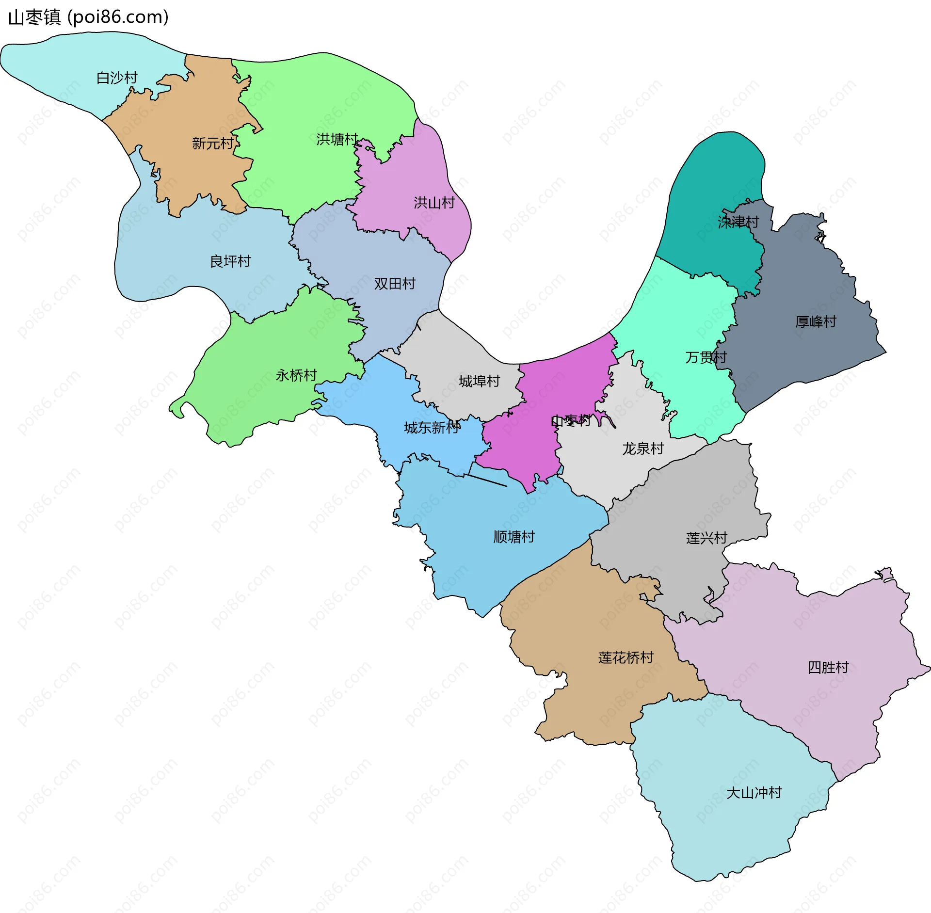 山枣镇边界地图(五级行政区划)