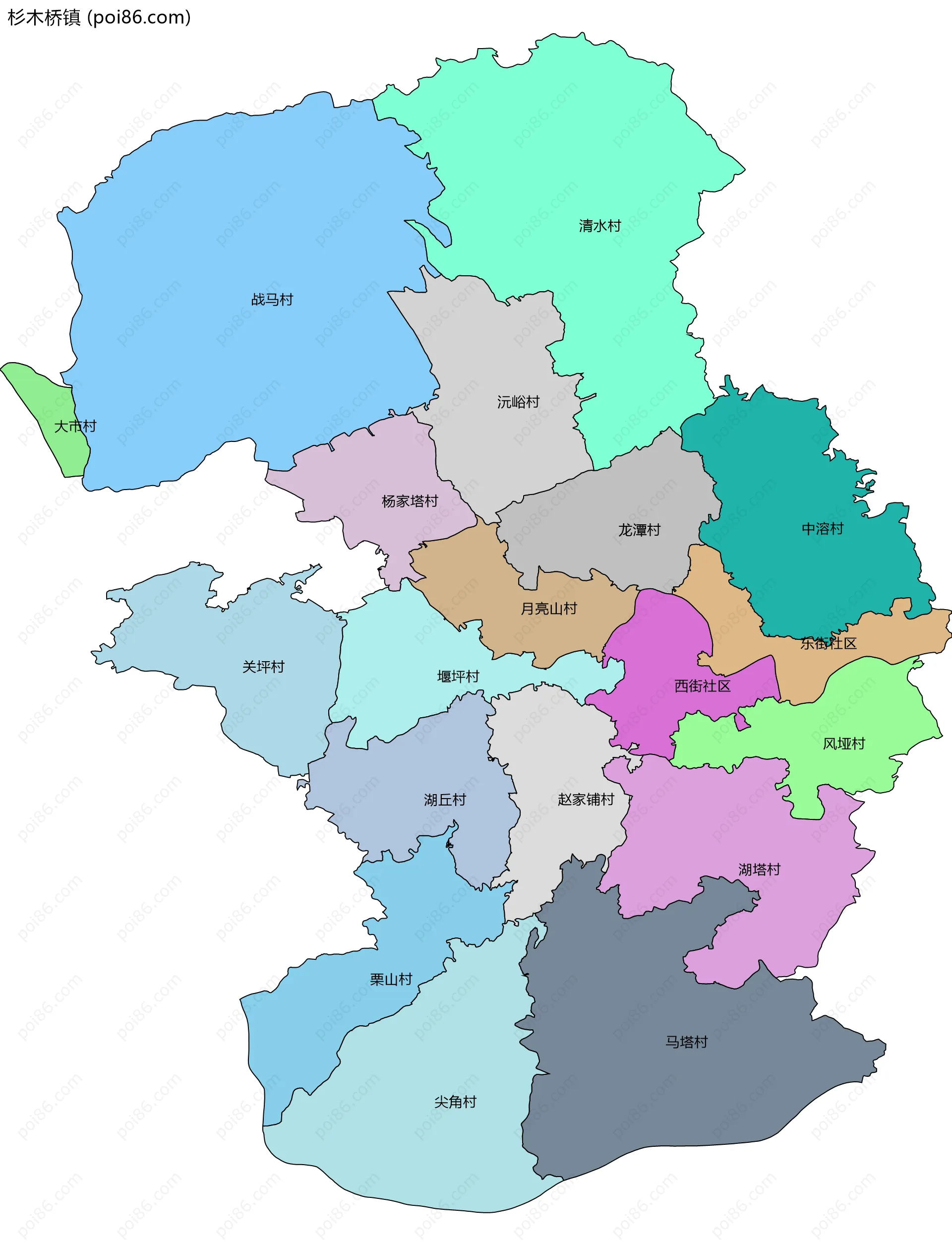 杉木桥镇边界地图(五级行政区划)