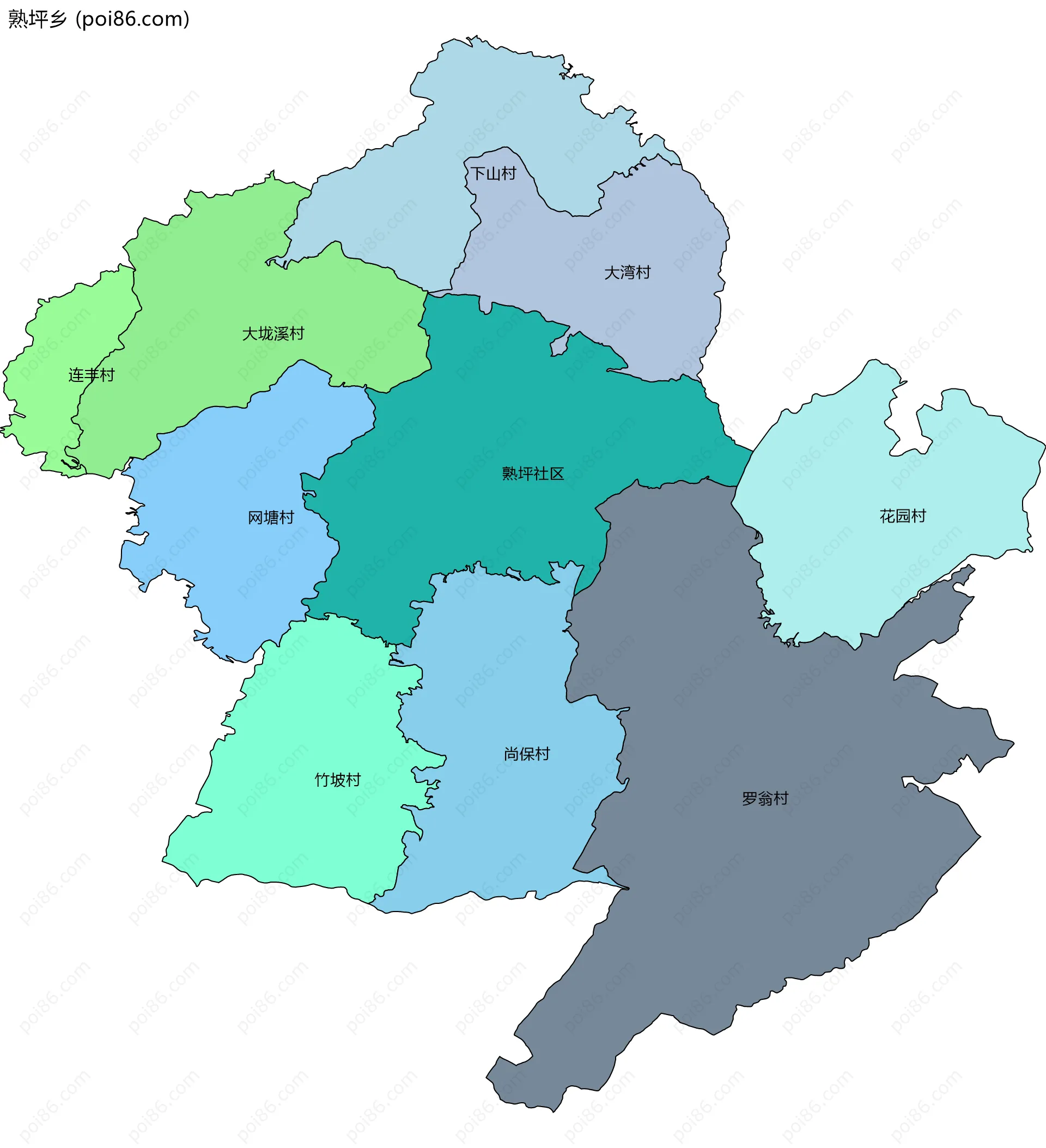 熟坪乡边界地图(五级行政区划)