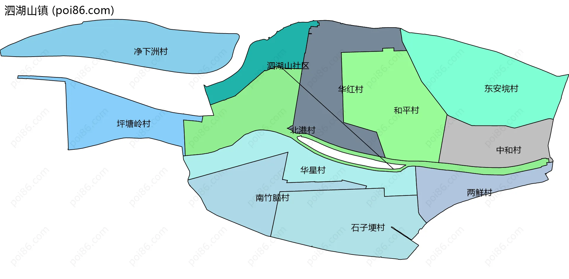 泗湖山镇边界地图(五级行政区划)