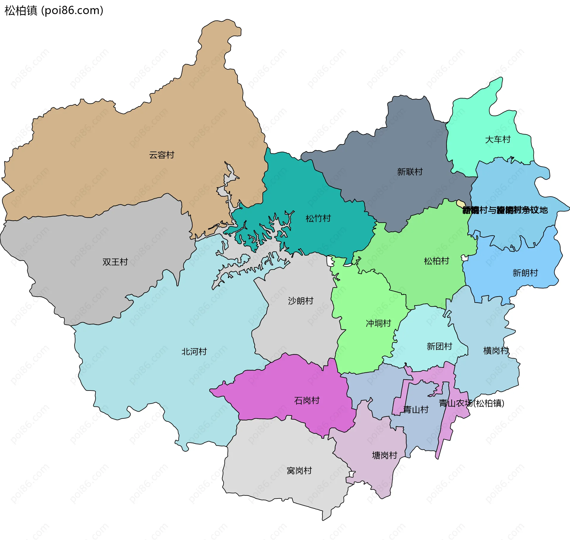 松柏镇边界地图(五级行政区划)