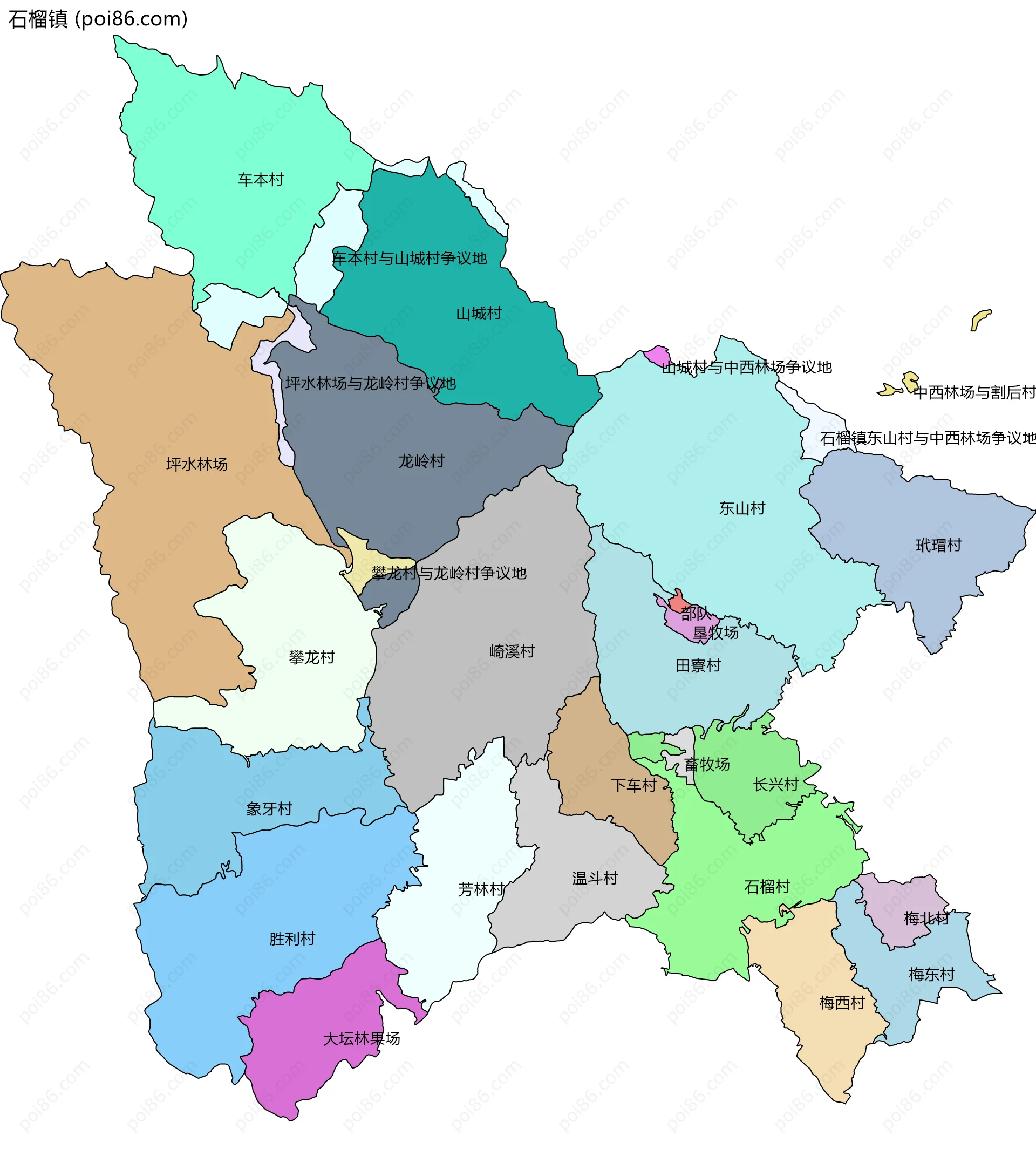 石榴镇边界地图(五级行政区划)