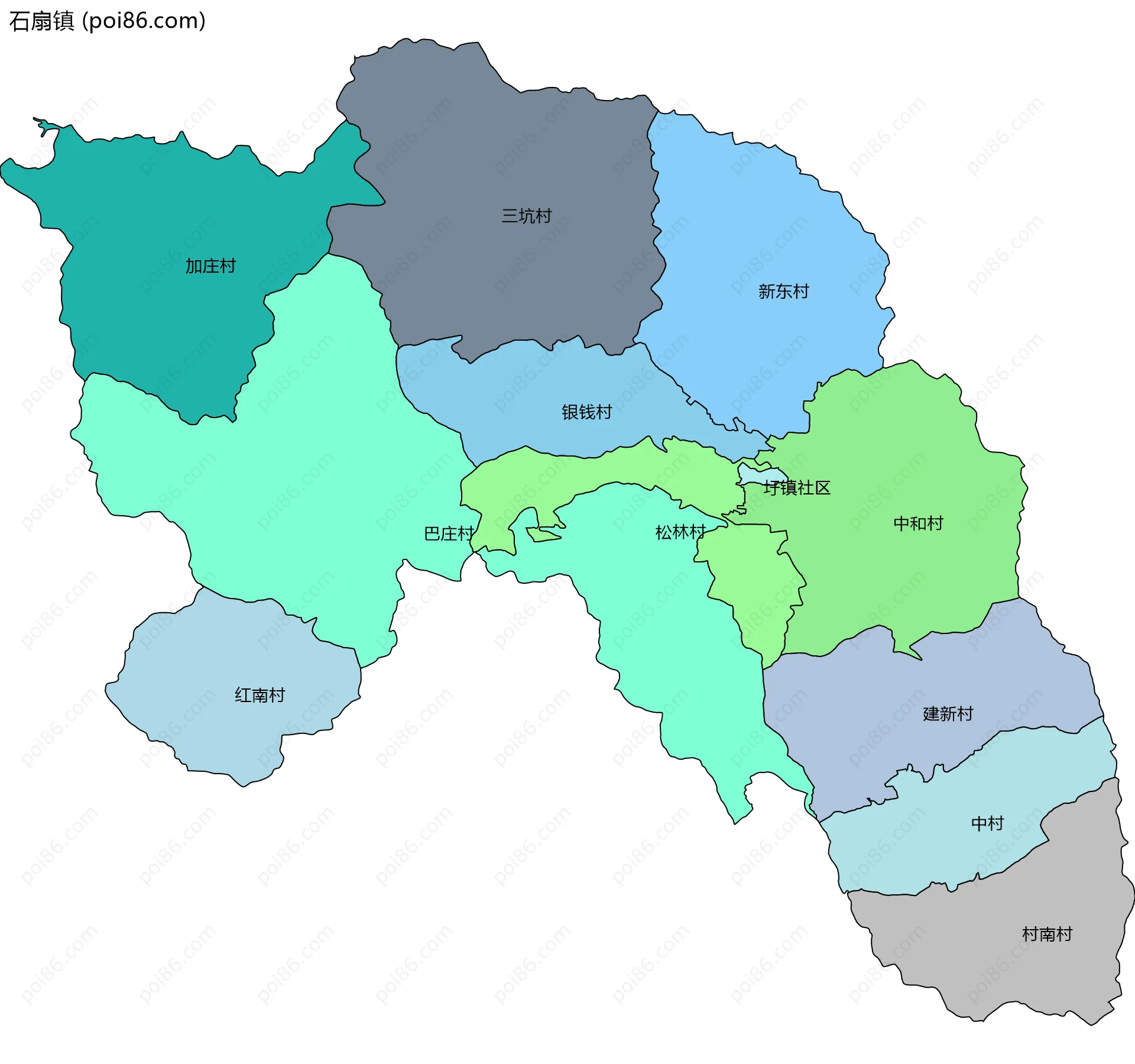 石扇镇边界地图(五级行政区划)