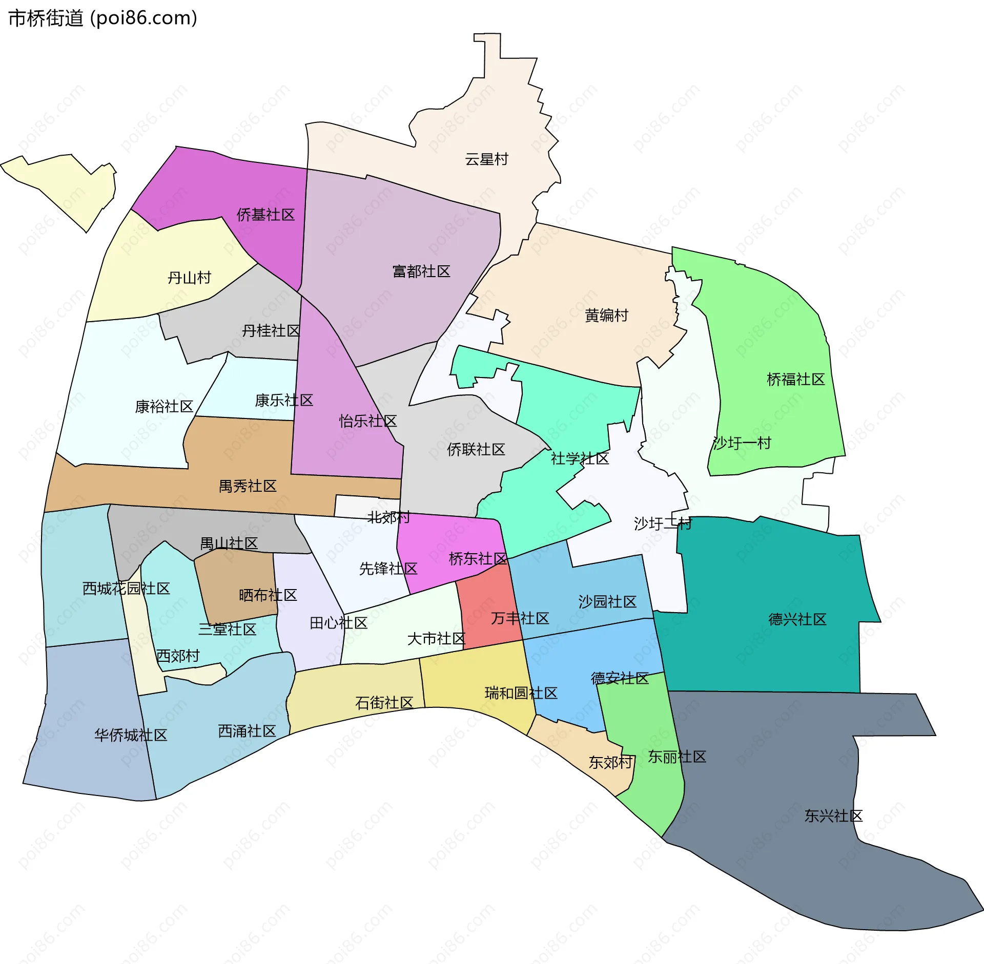 市桥街道边界地图(五级行政区划)