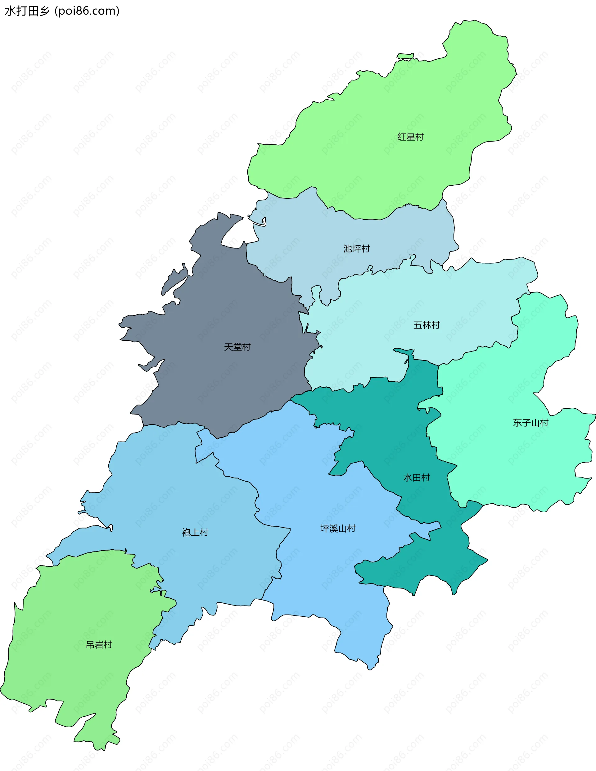 水打田乡边界地图(五级行政区划)