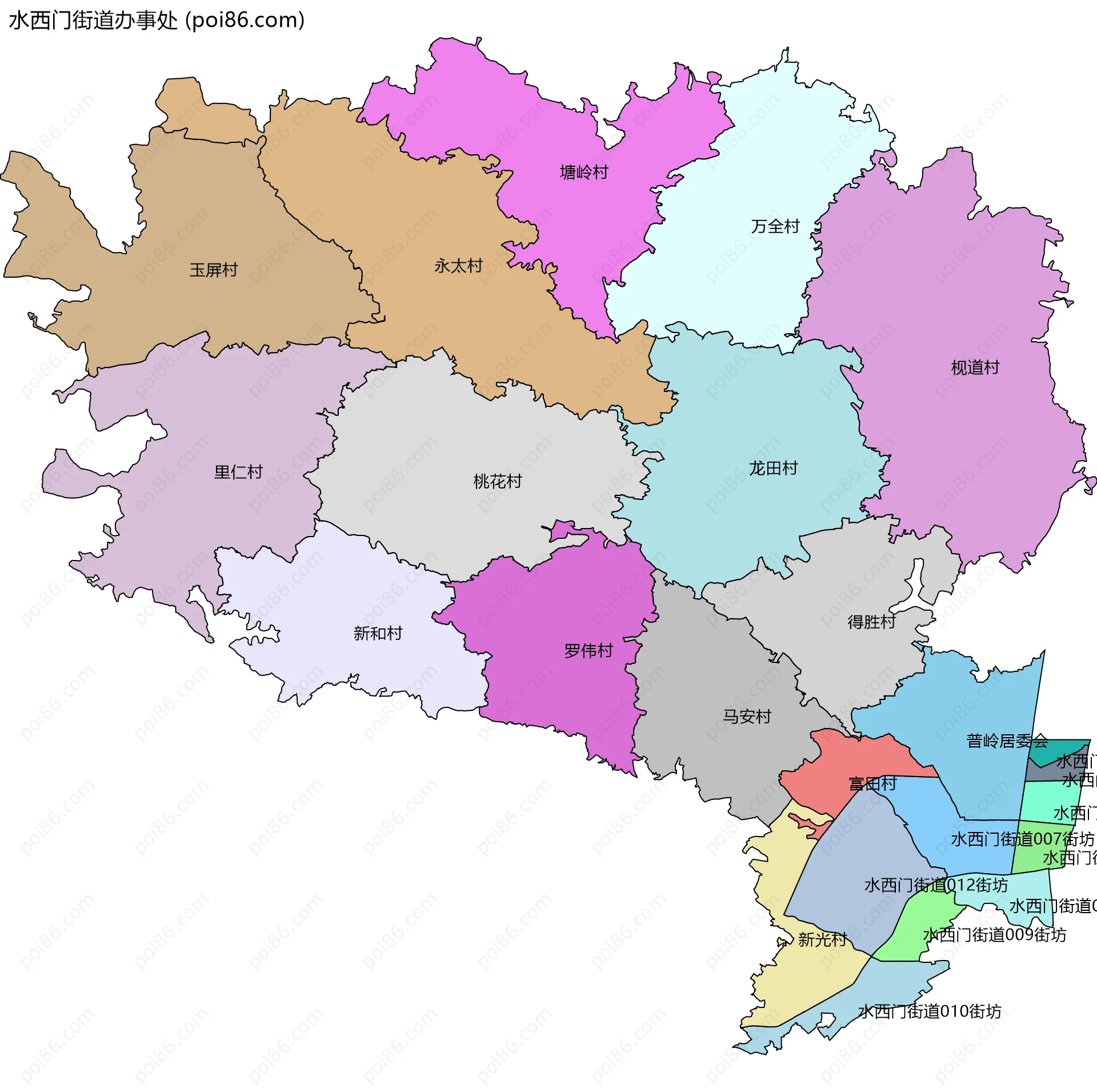 水西门街道办事处边界地图(五级行政区划)