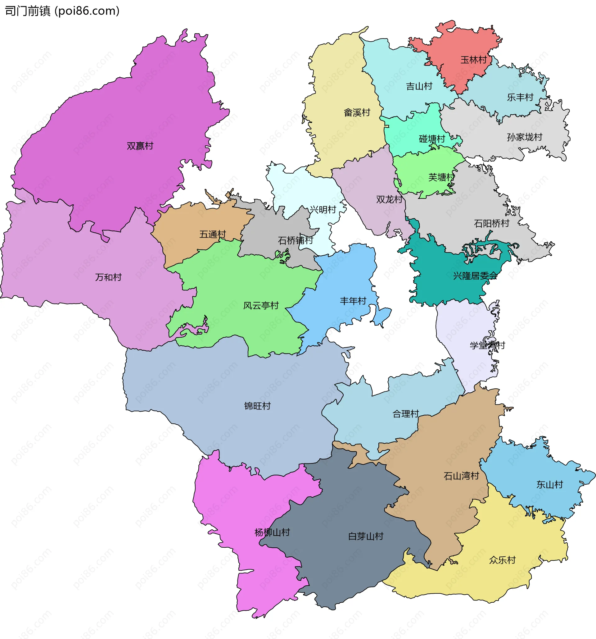 司门前镇边界地图(五级行政区划)