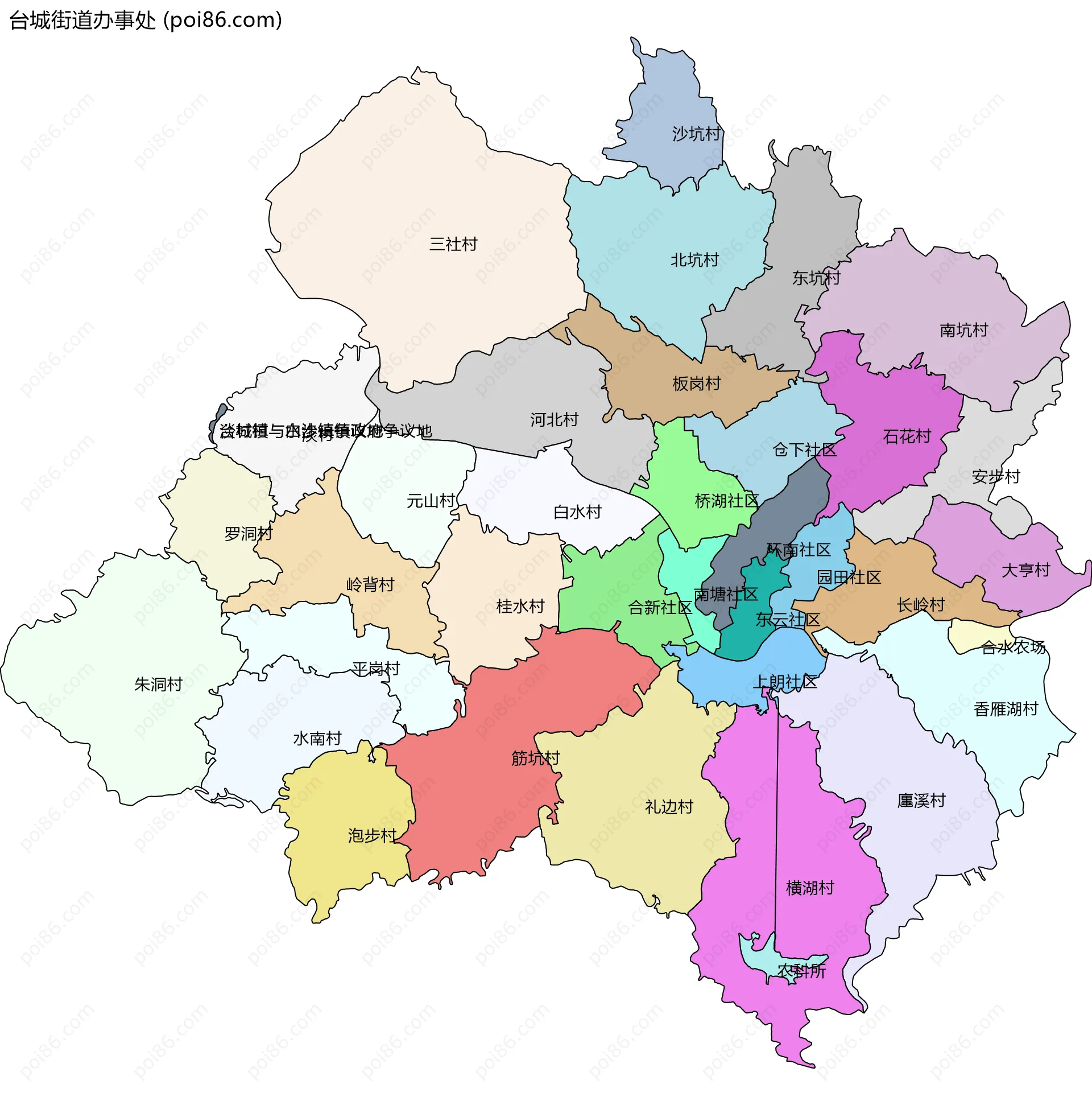 台城街道办事处边界地图(五级行政区划)