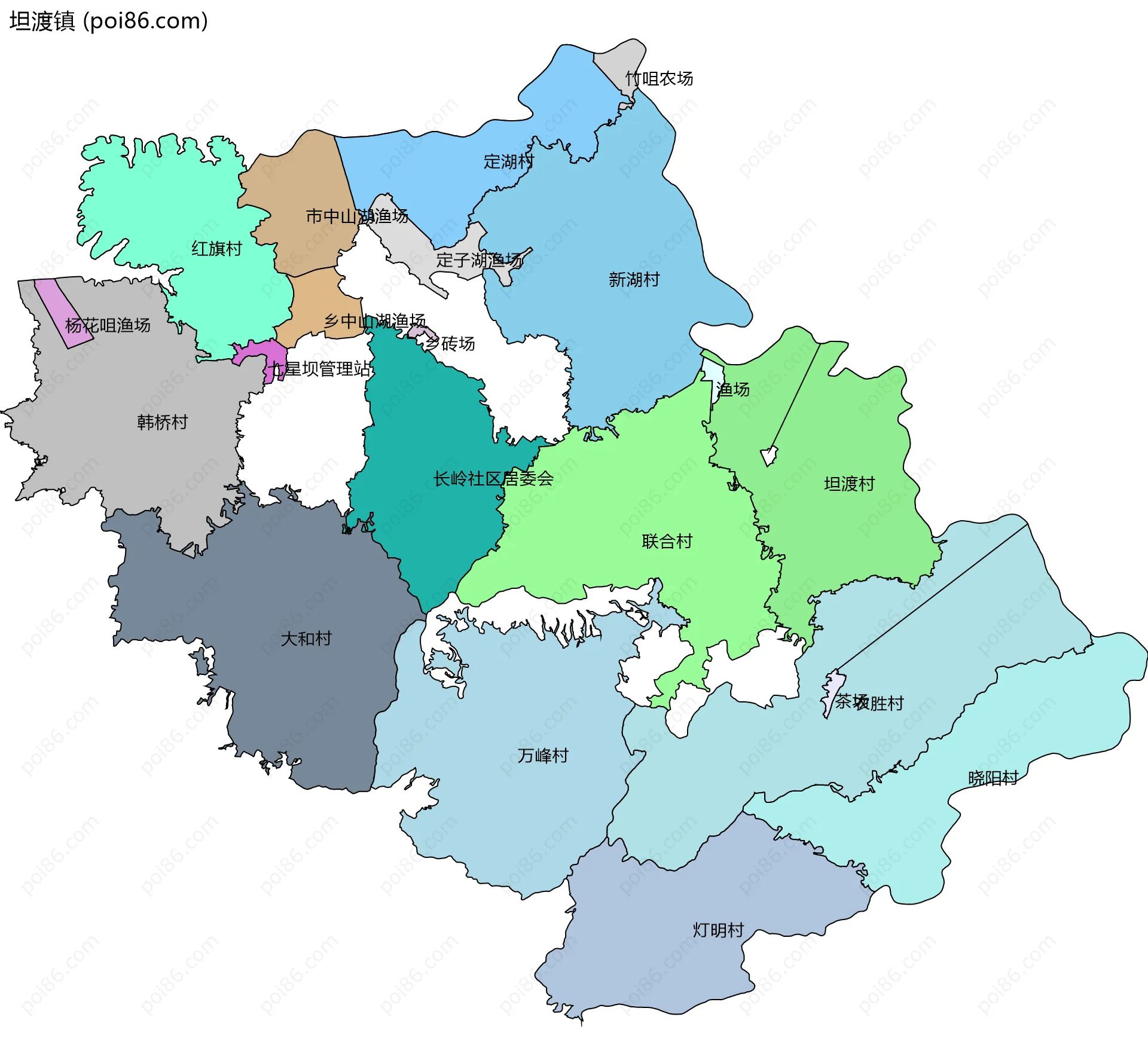 坦渡镇边界地图(五级行政区划)
