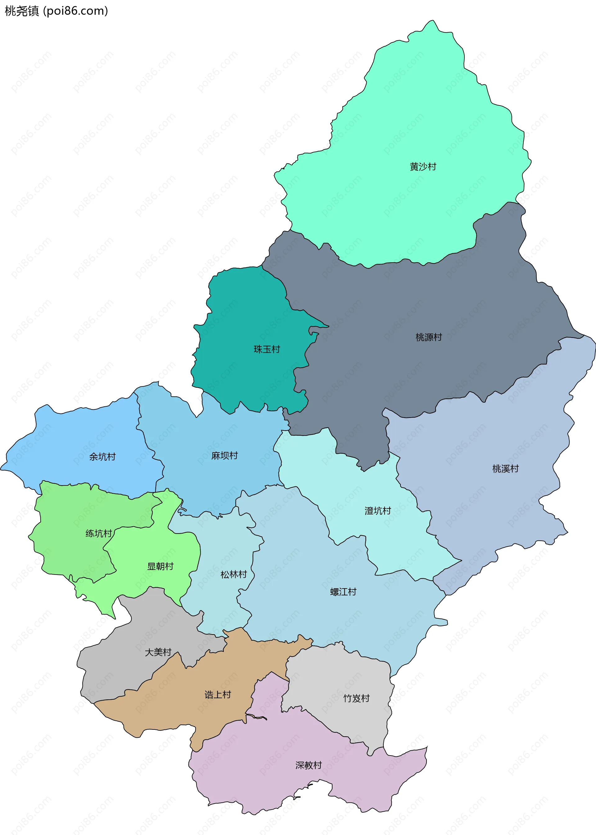 桃尧镇边界地图(五级行政区划)