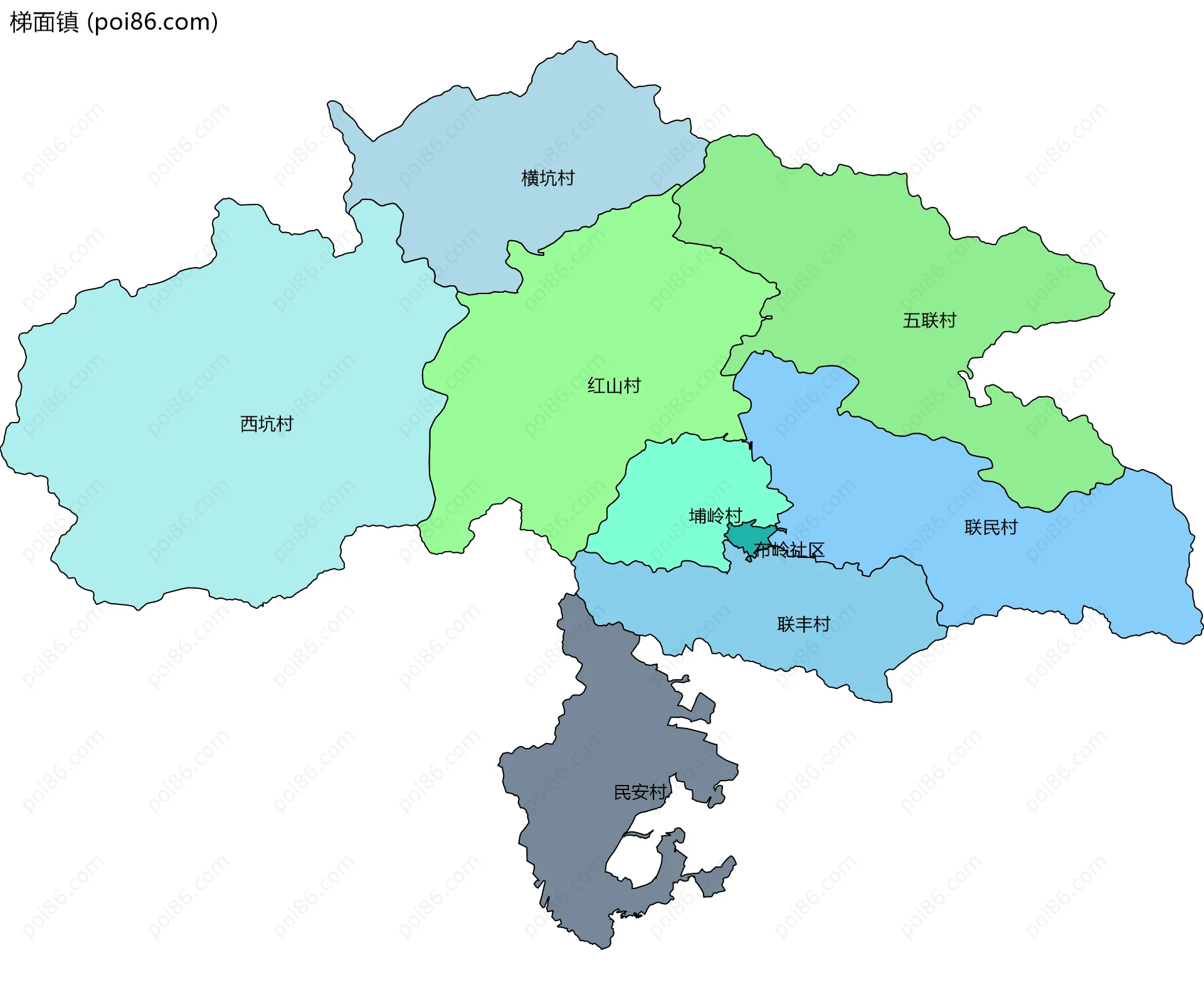 梯面镇边界地图(五级行政区划)