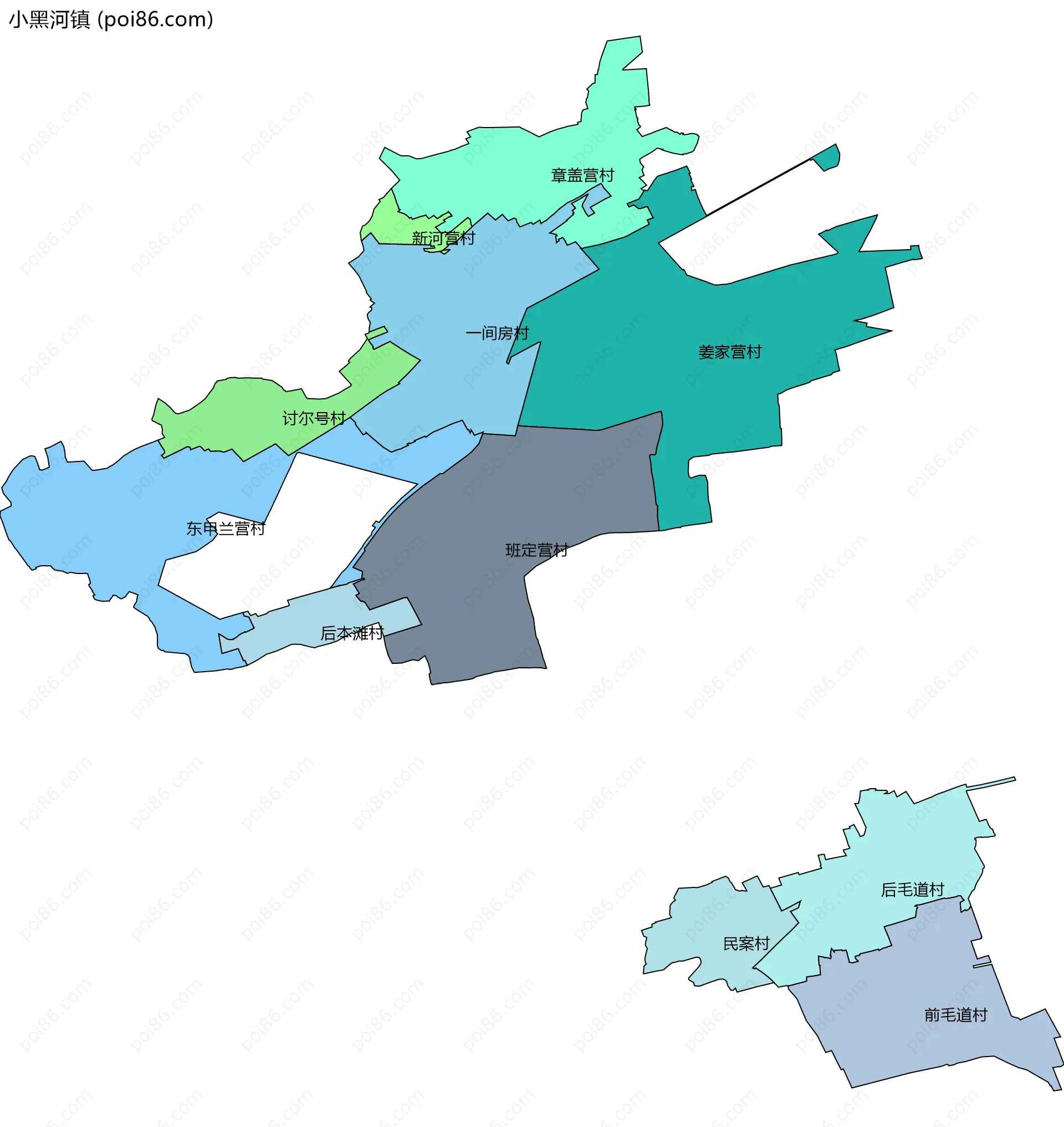 小黑河镇边界地图(五级行政区划)