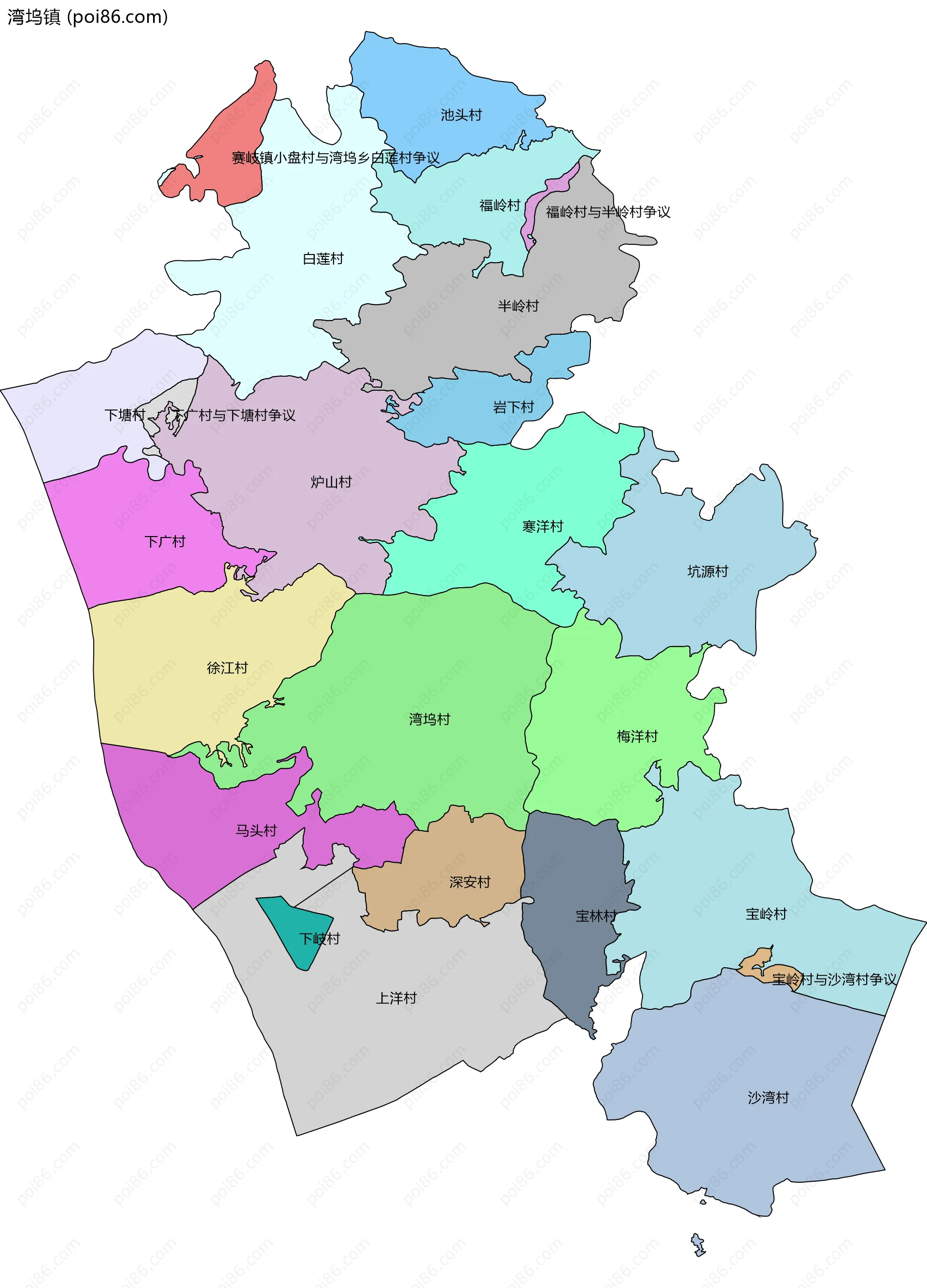 湾坞镇边界地图(五级行政区划)