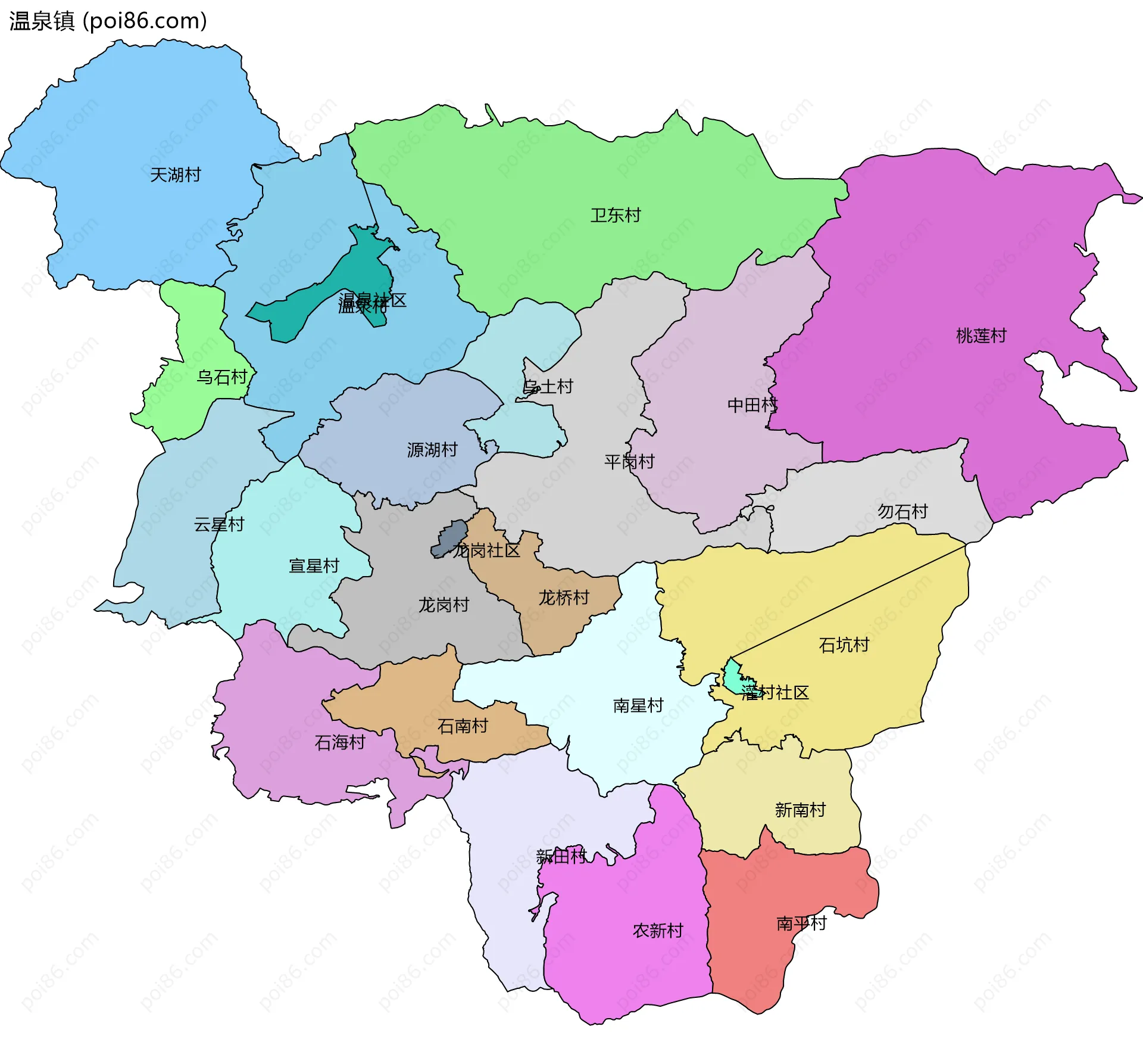 温泉镇边界地图(五级行政区划)