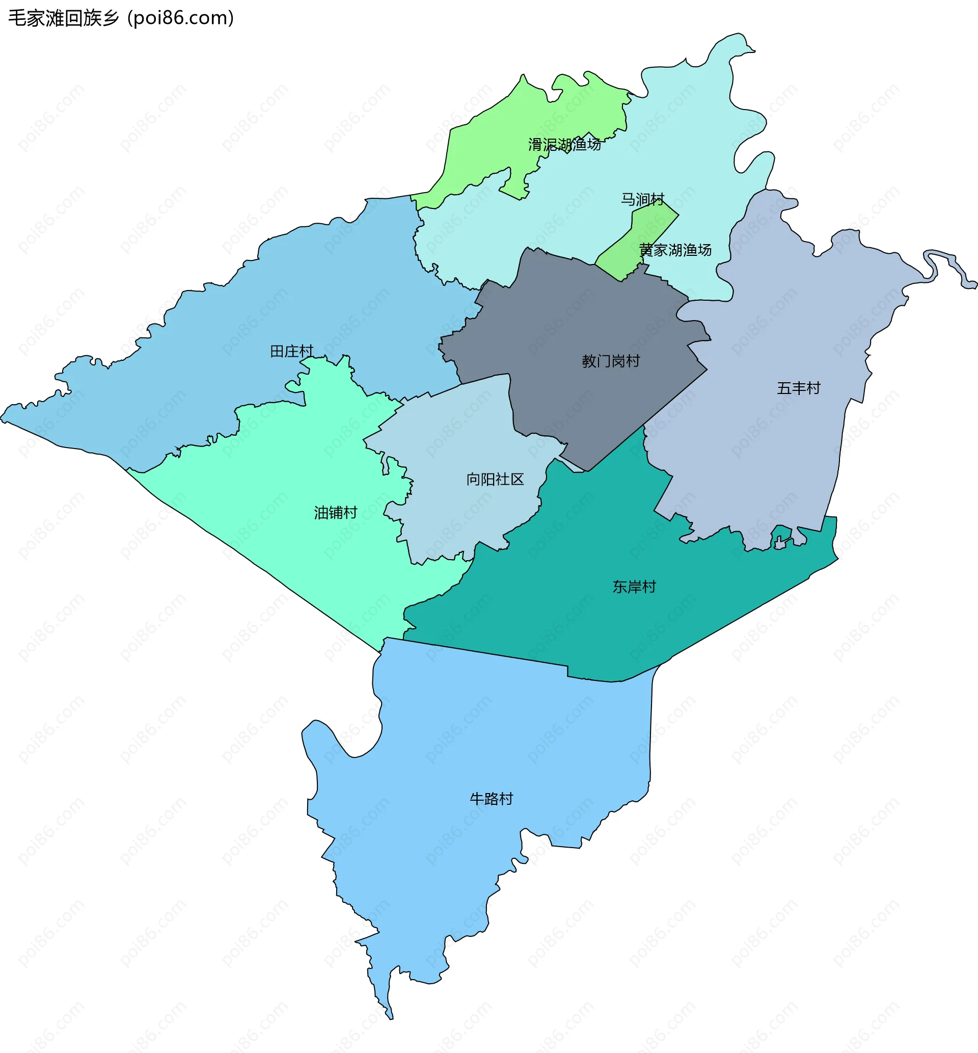 毛家滩回族乡边界地图(五级行政区划)