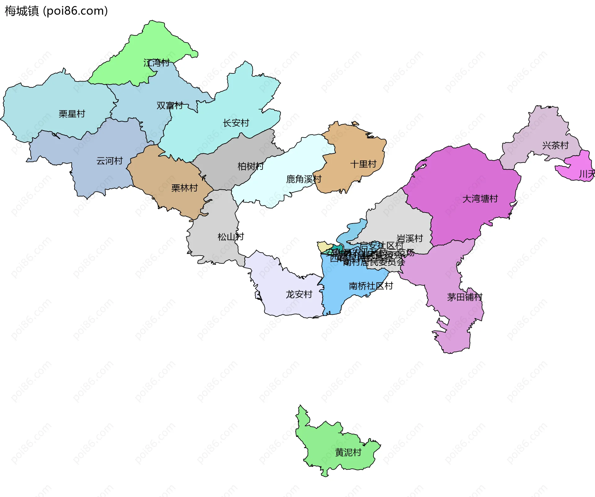 梅城镇边界地图(五级行政区划)