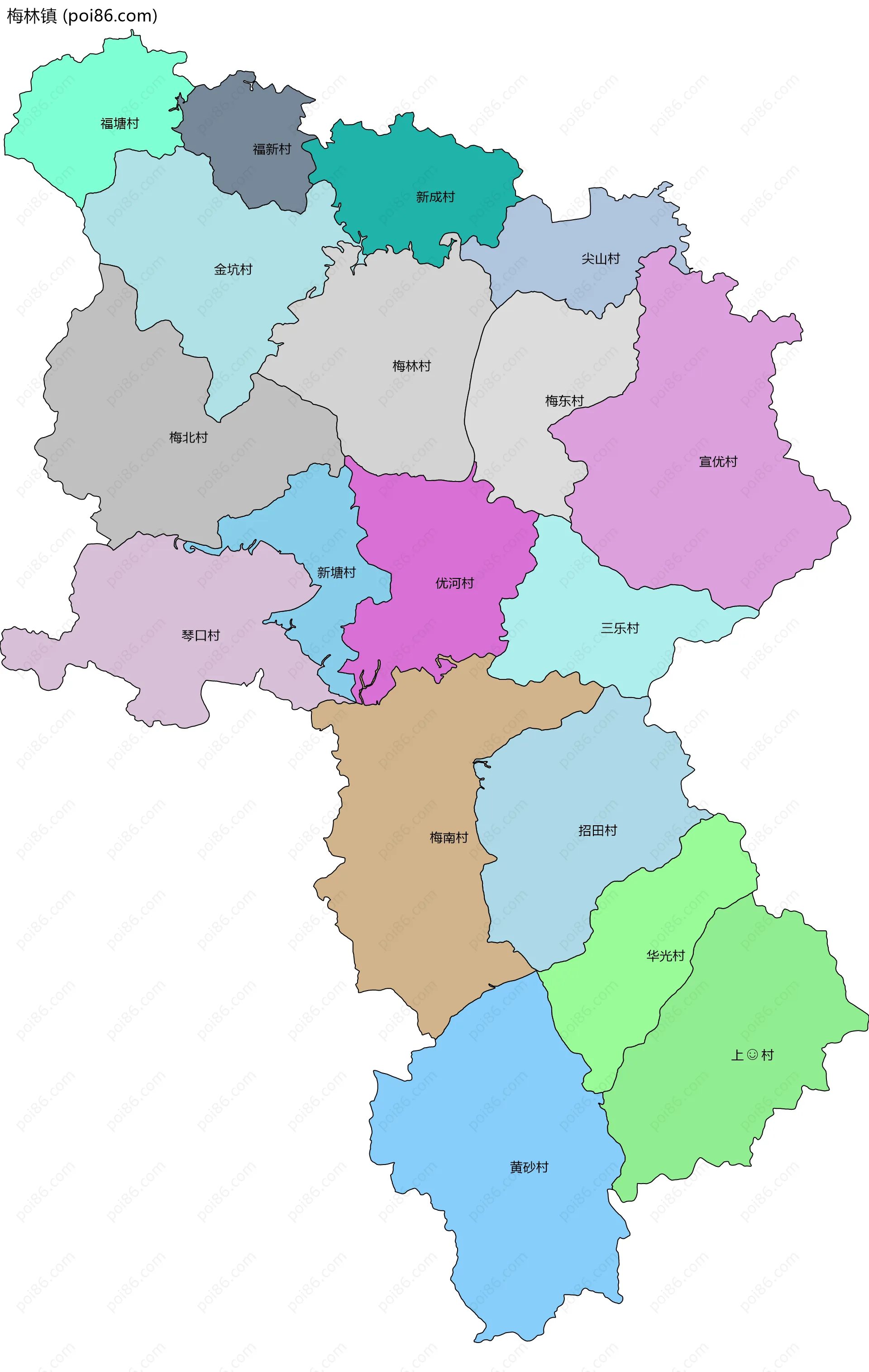 梅林镇边界地图(五级行政区划)