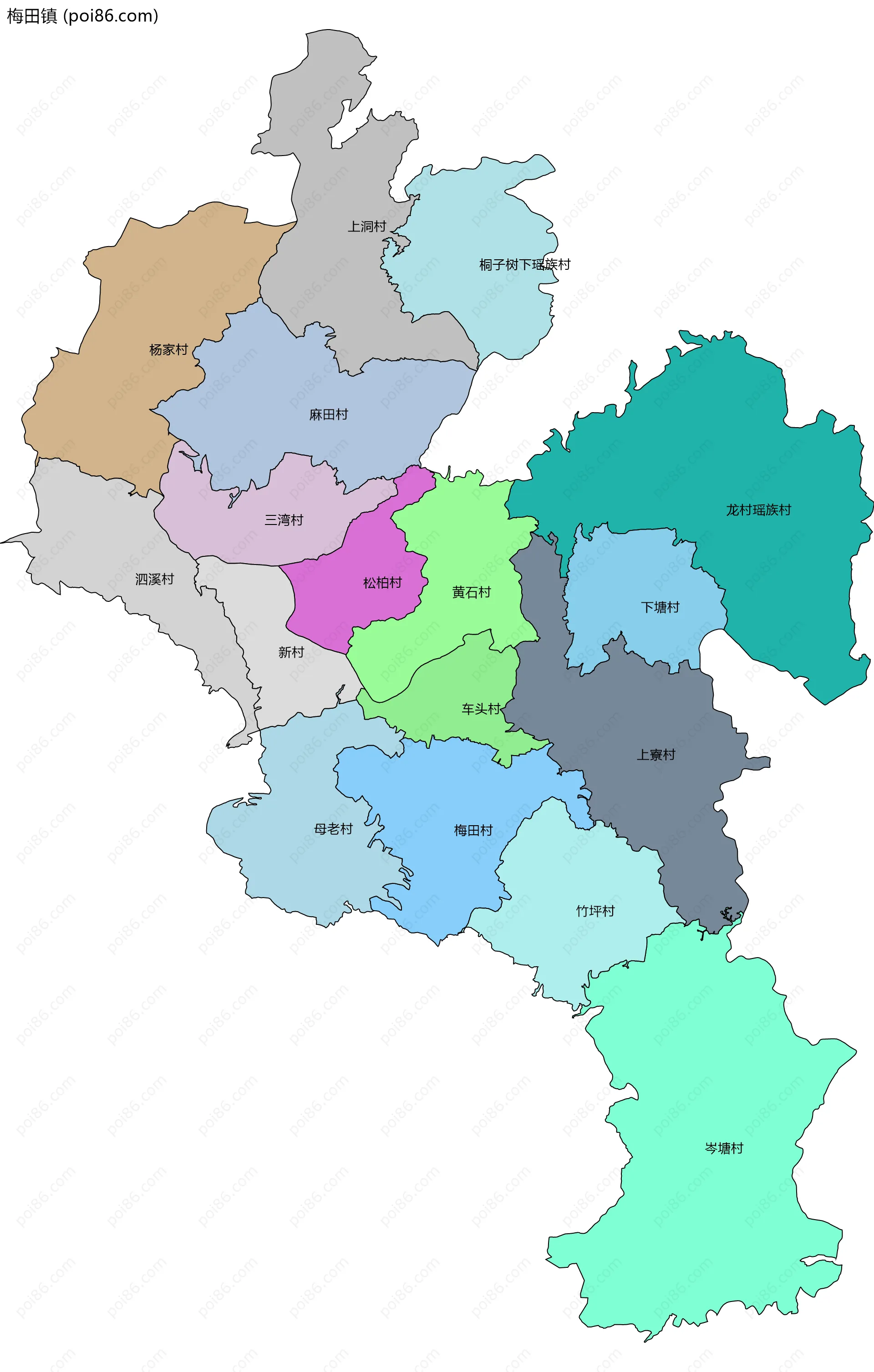 梅田镇边界地图(五级行政区划)