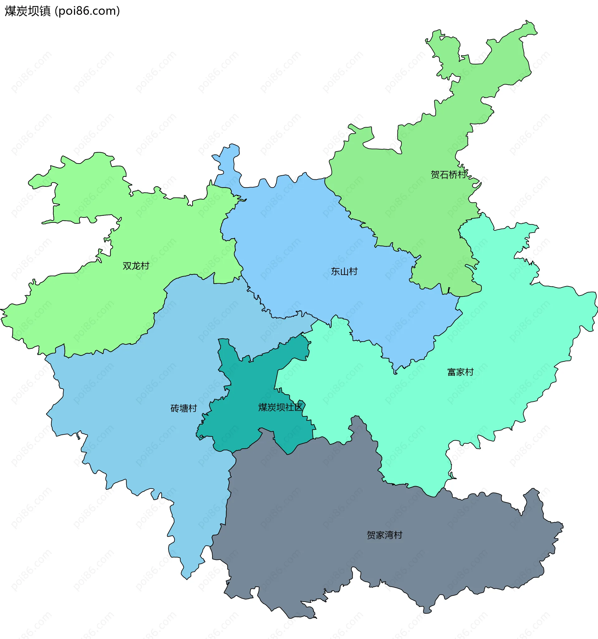 煤炭坝镇边界地图(五级行政区划)