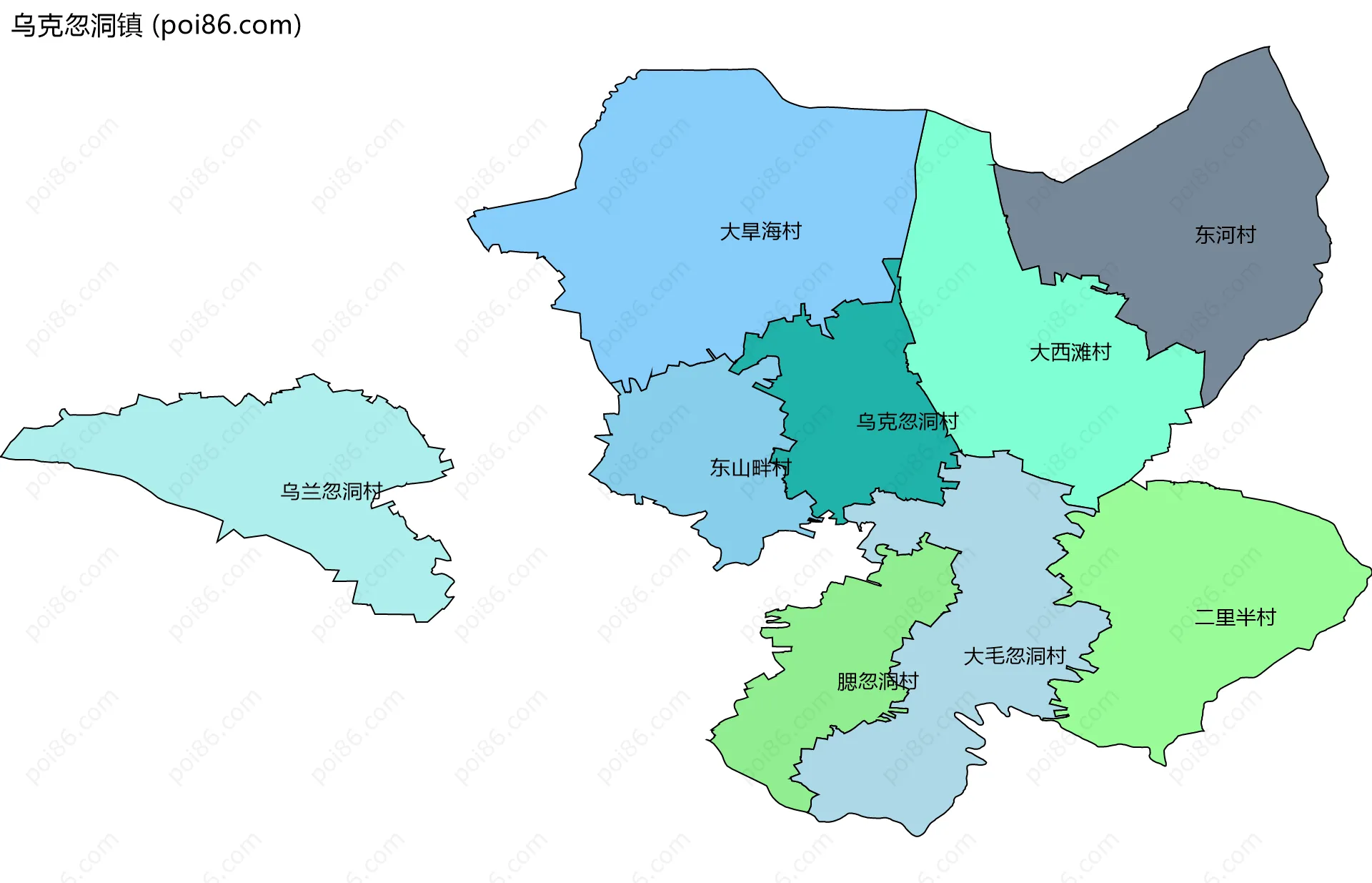 乌克忽洞镇边界地图(五级行政区划)