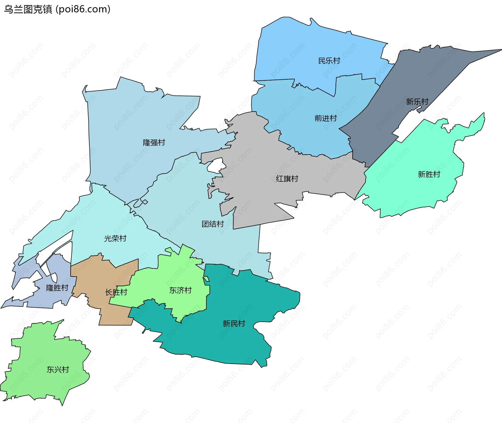 乌兰图克镇边界地图(五级行政区划)