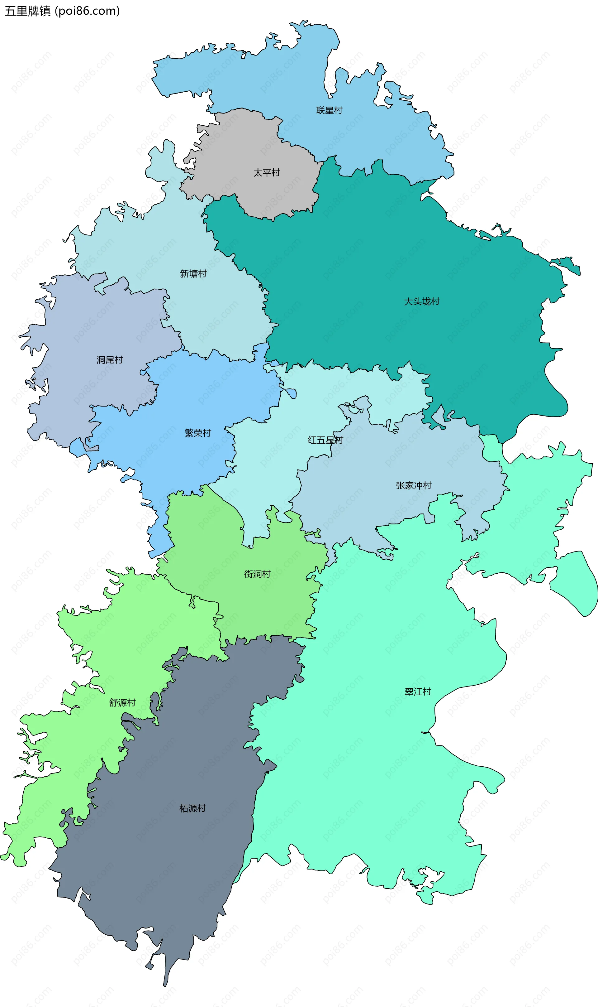 五里牌镇边界地图(五级行政区划)