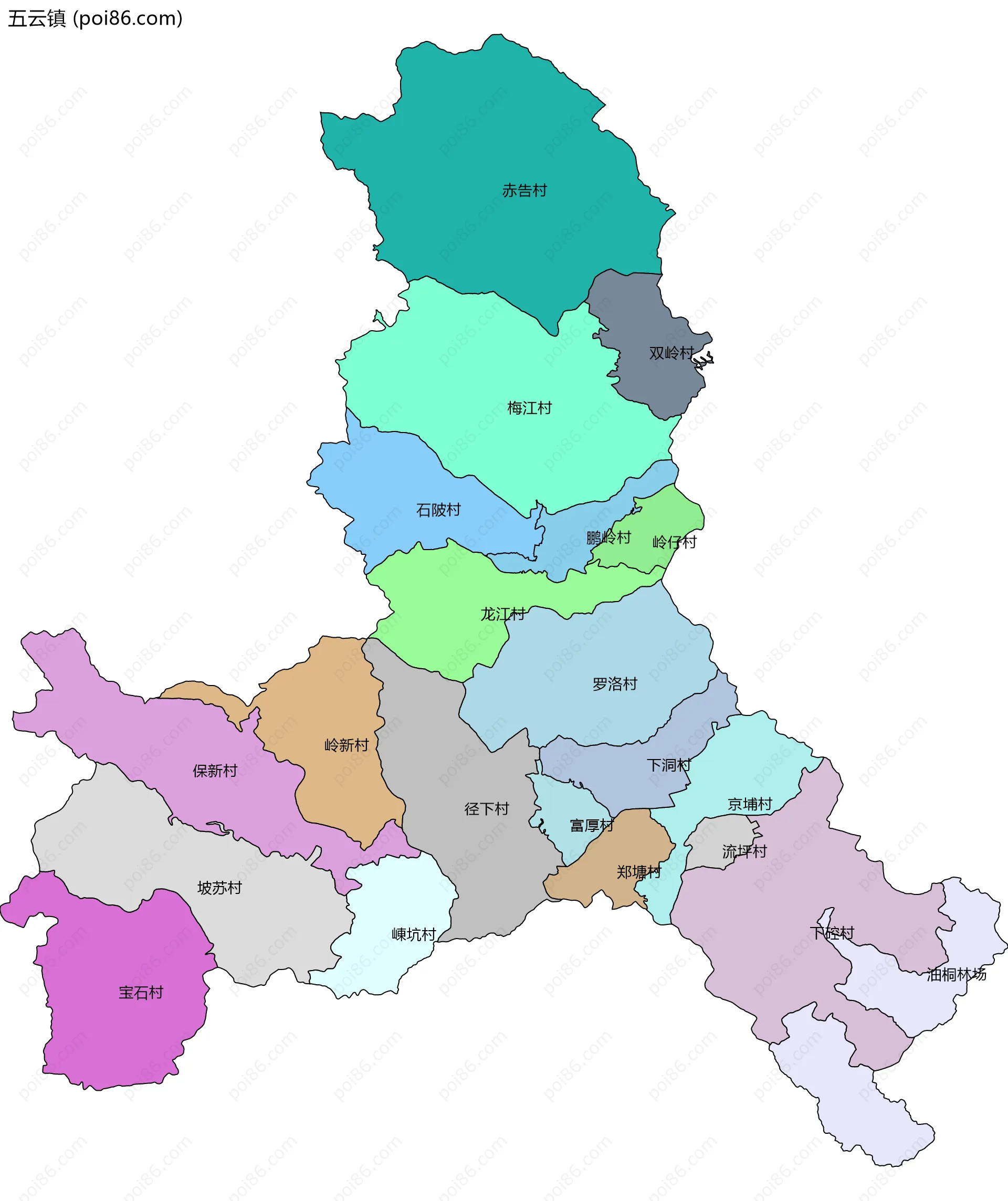 五云镇边界地图(五级行政区划)