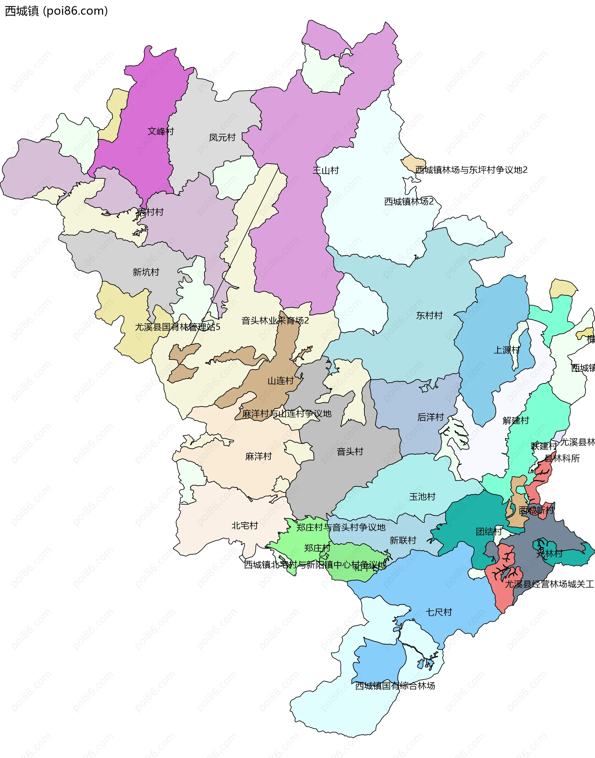 西城镇边界地图(五级行政区划)