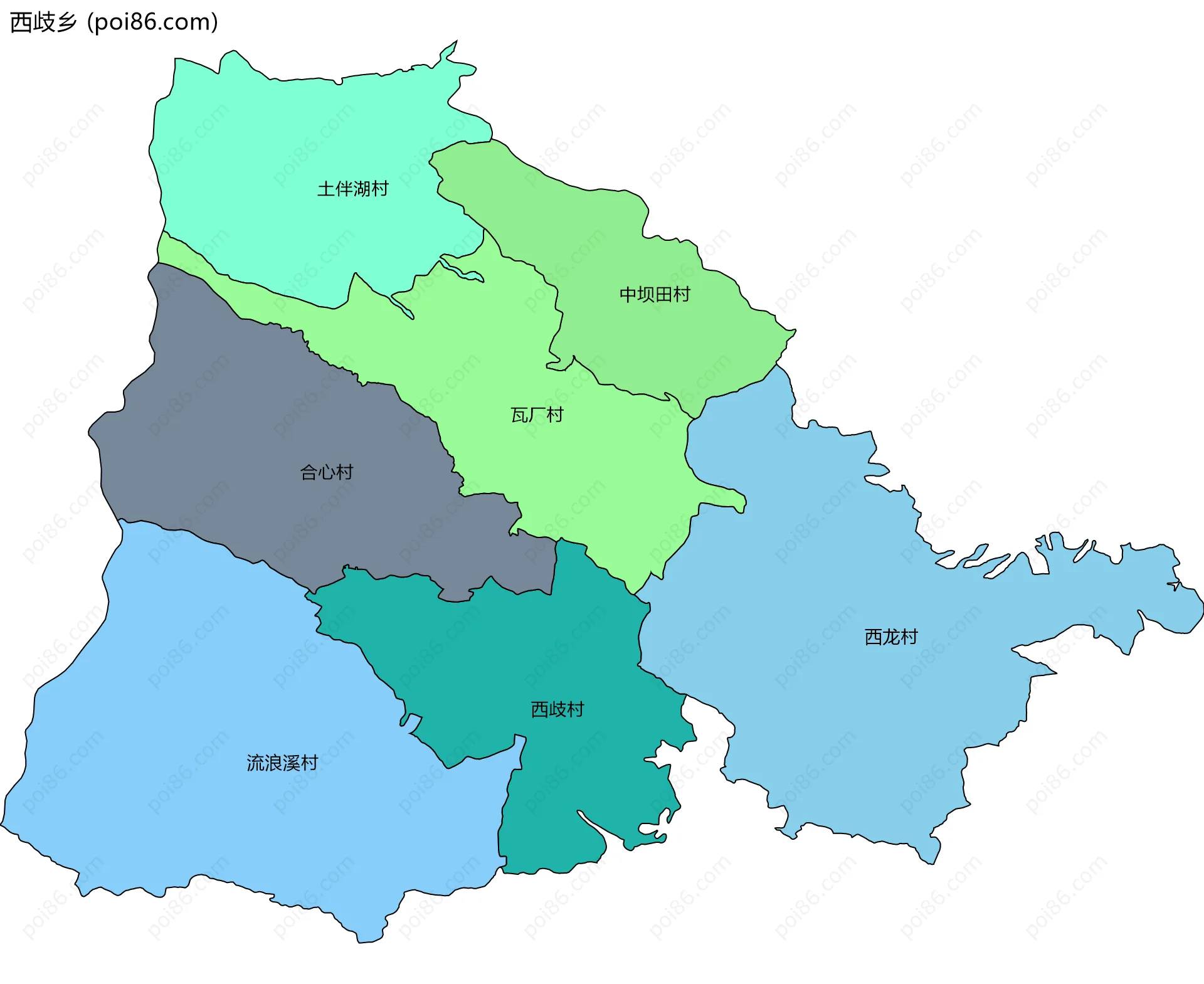 西歧乡边界地图(五级行政区划)