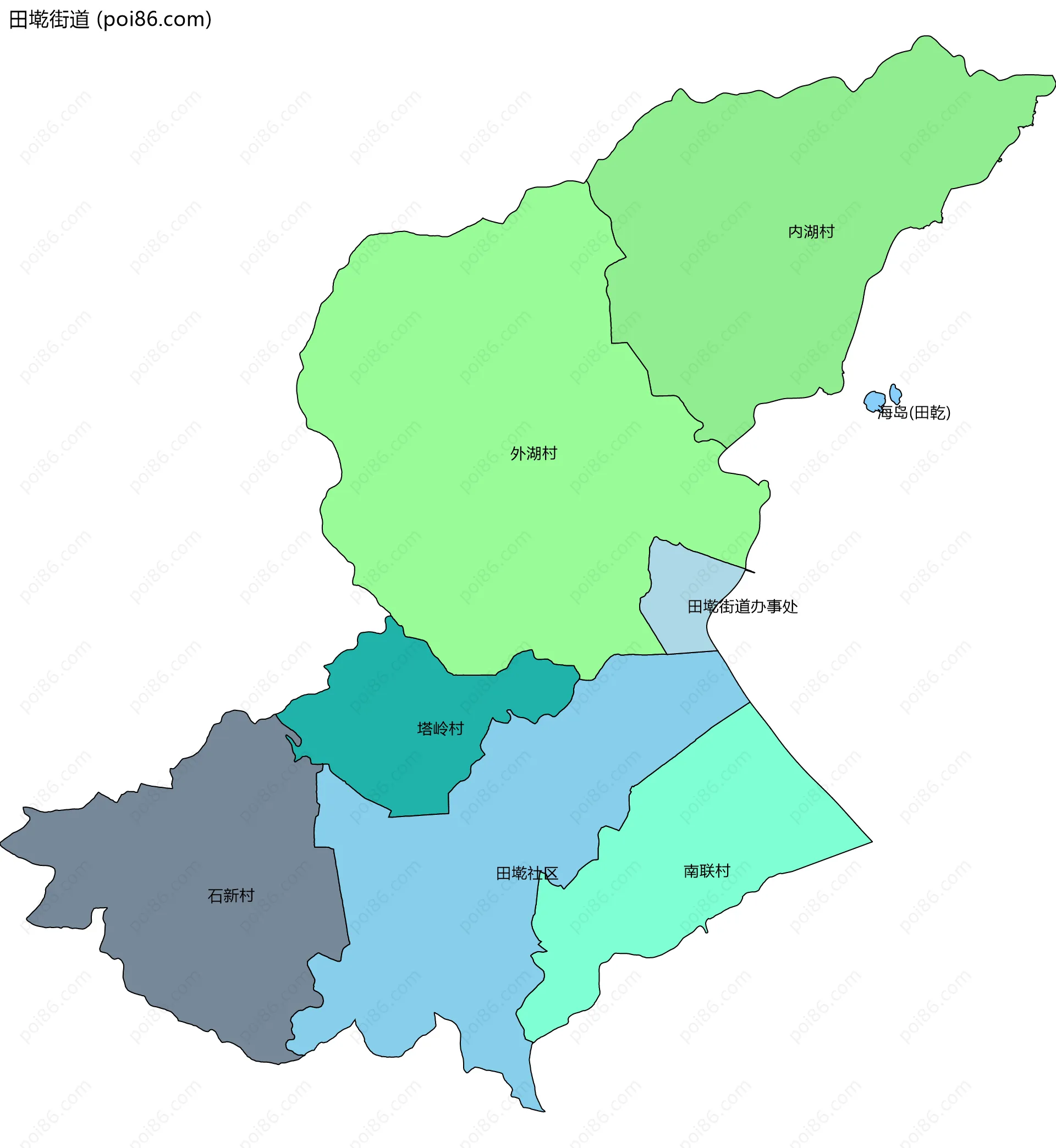 田墘街道边界地图(五级行政区划)