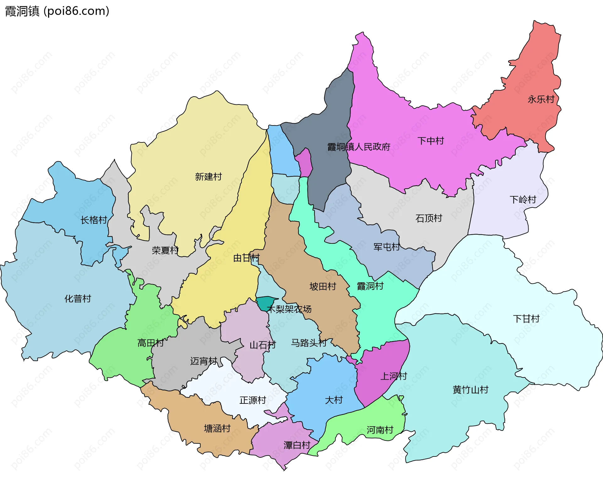 霞洞镇边界地图(五级行政区划)