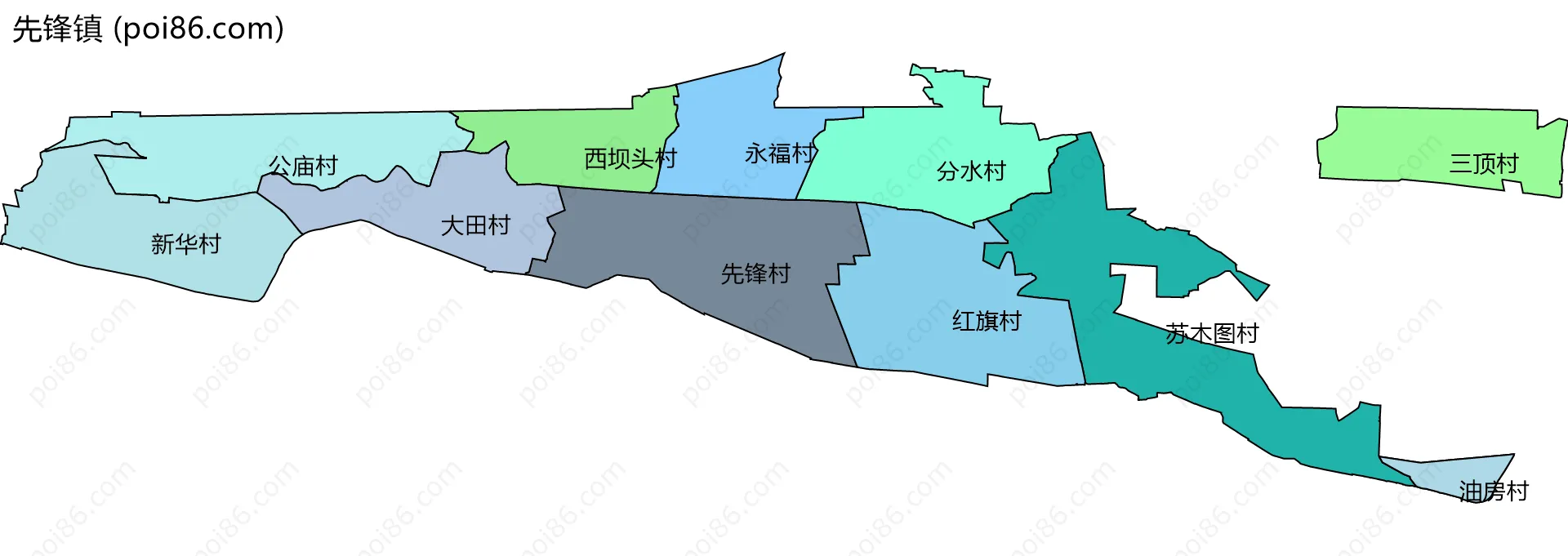 先锋镇边界地图(五级行政区划)