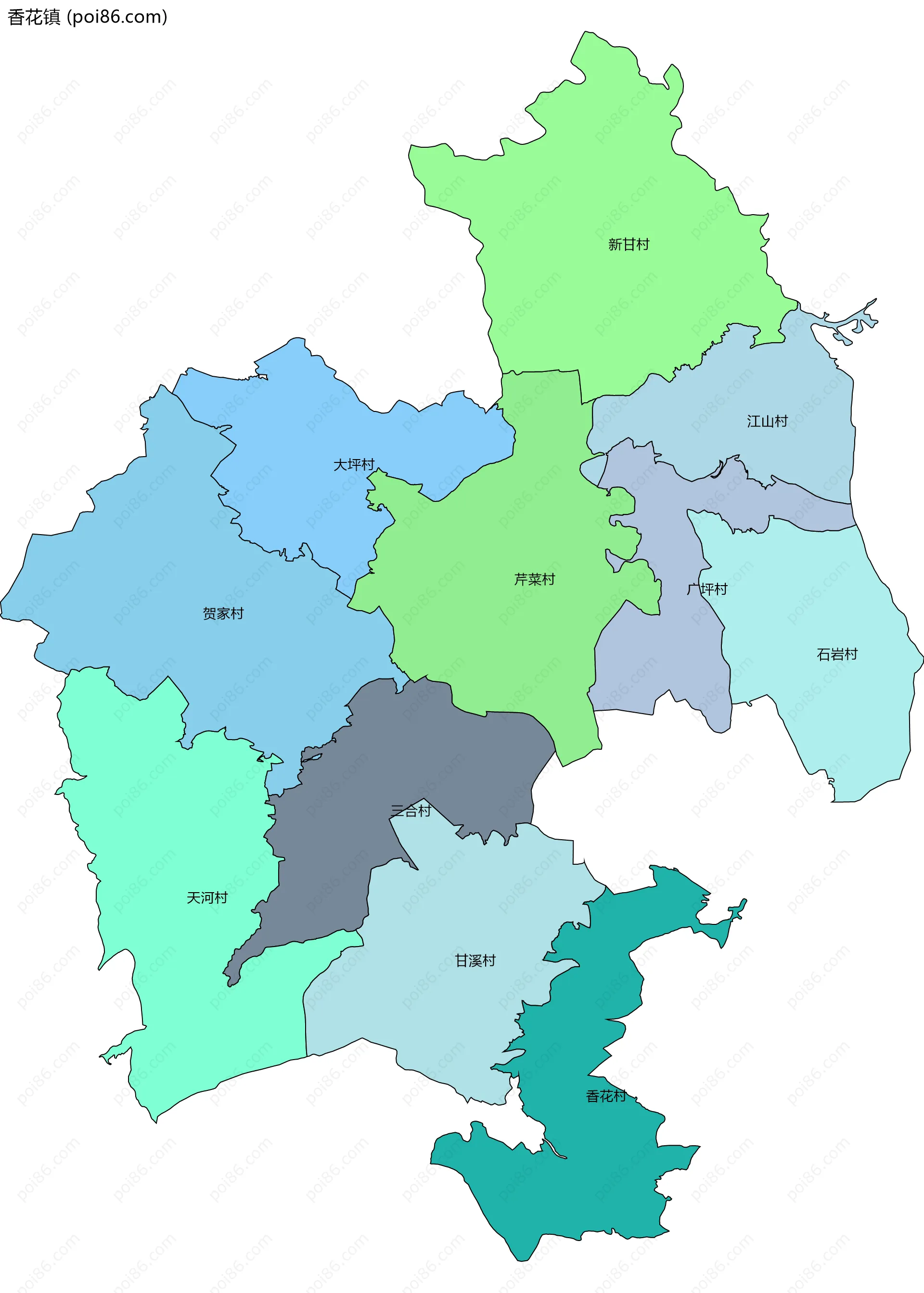 香花镇边界地图(五级行政区划)