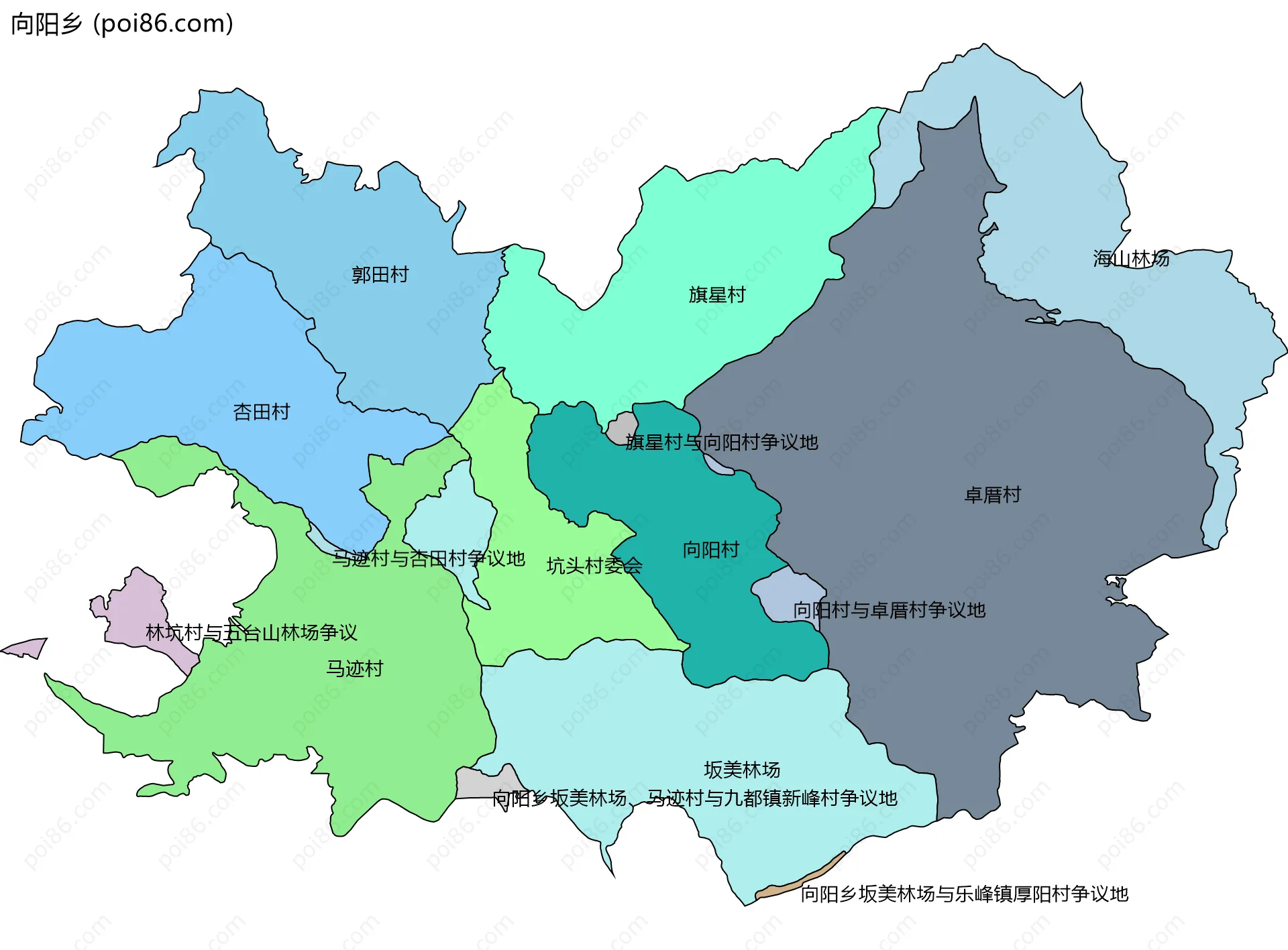 向阳乡边界地图(五级行政区划)