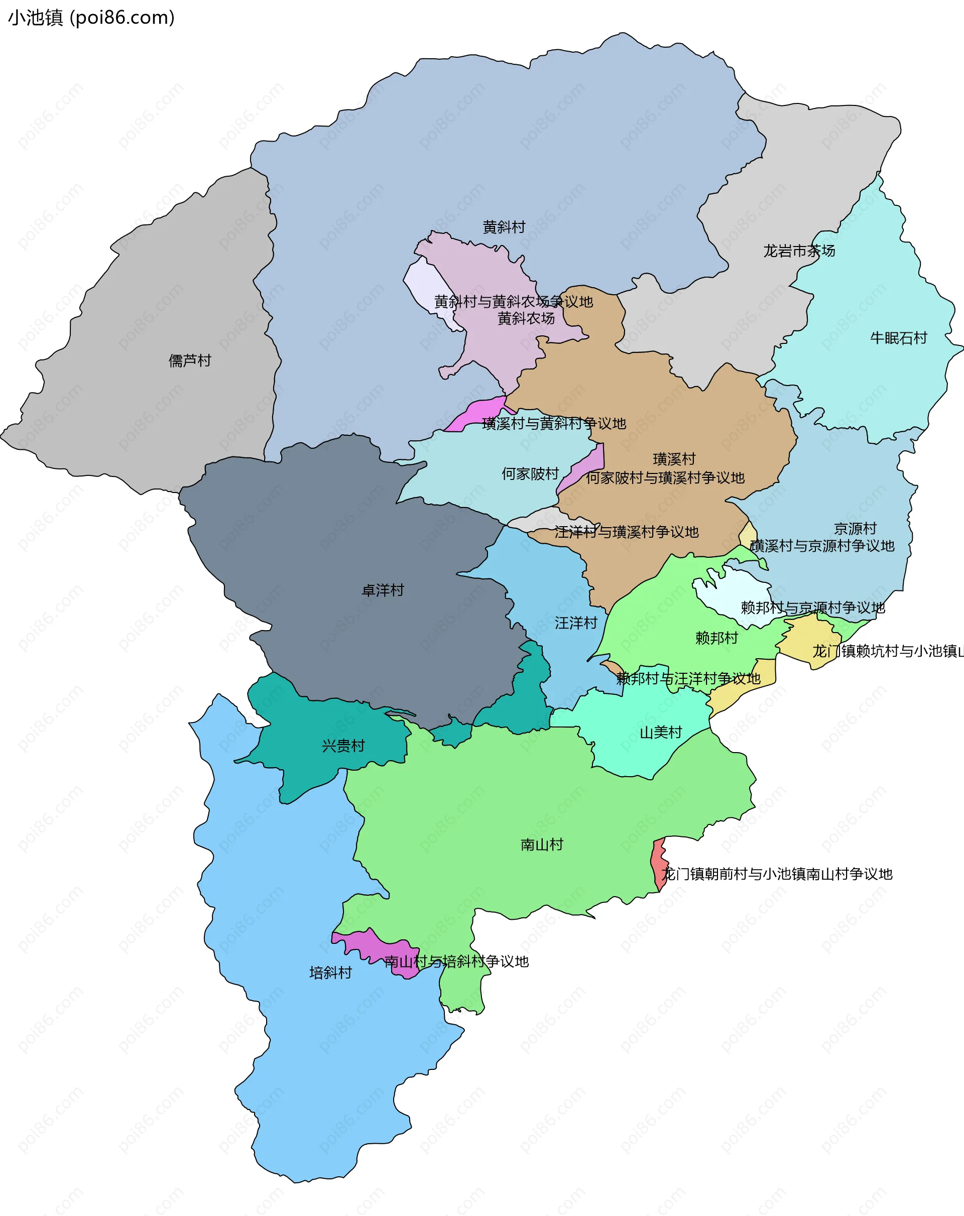 小池镇边界地图(五级行政区划)