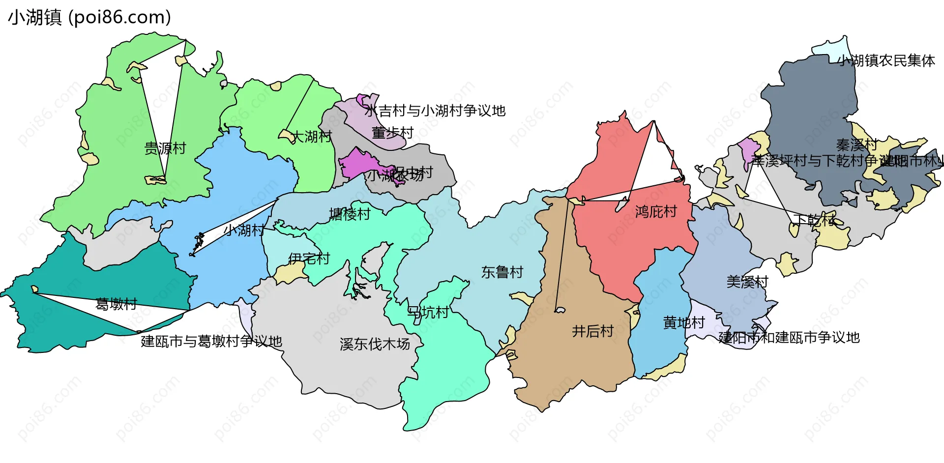 小湖镇边界地图(五级行政区划)